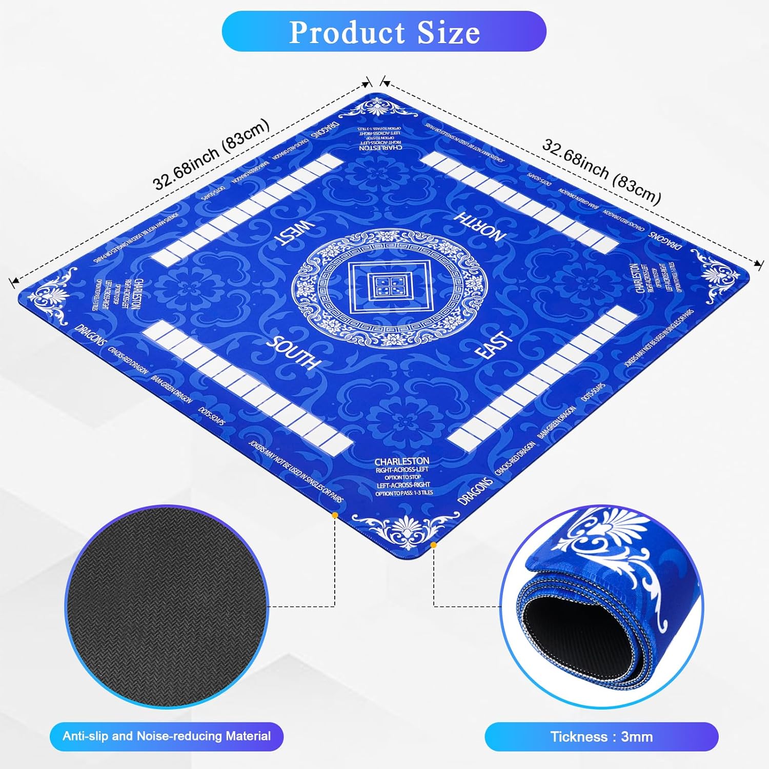 Mahjong Mat 32.6x32.6 Inch，Anti-Slip Noise Reduction Thicken Mahjong Mat for Table with Carrying Bag for Mahjong/Poker/Board Games/Card Games/Dominoes(Blue)