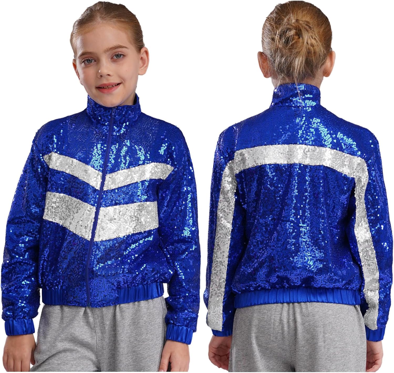 Loyan Big Girls Long Sleeve Bomber Coats Sequin Jacket Clubwear Hip-hop Jazz Performance Costume