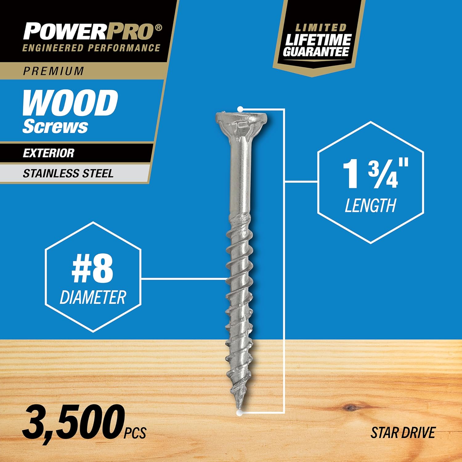 Power Pro 967797 Wood Screws, #8 x 1, Premium Stainless Marine Screws, Rust Resistant, Stainless Steel, 3500pcs Box
