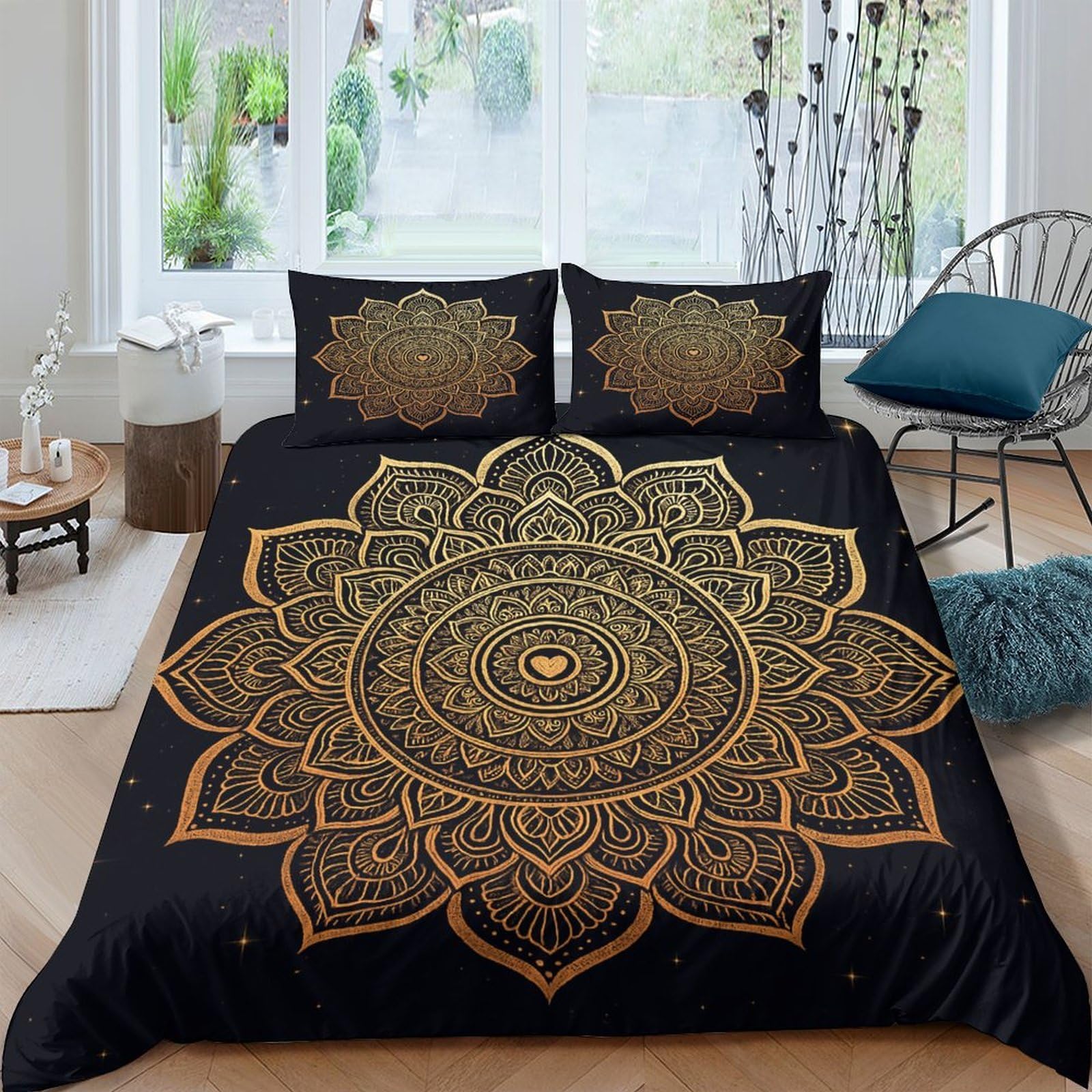 Ctjqhvkz Style-3 3D Printed Mandala Black Gold Fitted Sheet Microfiber Soft Breathable Boho Lotus Bed Cover For Bedroom Guest Room Mattress Protection Single（135X200cm）