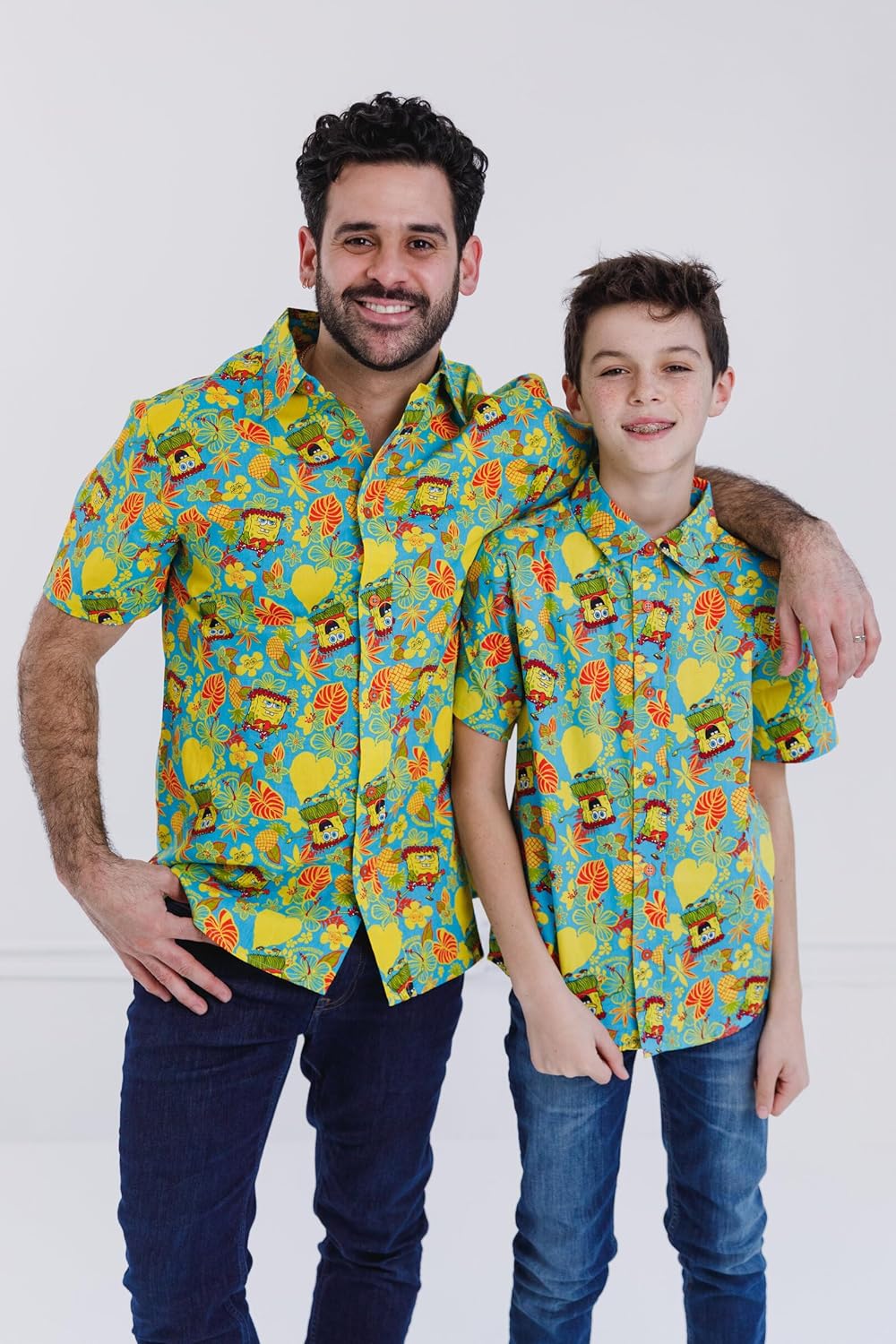 SPONGEBOB SQUAREPANTS Hawaiian Adult Matching Family Hawaiian Button Down Shirt Sizes (X-Small - 2XL)