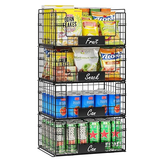 4 Pack XXL Stackable Wire Baskets with Handles for Pantry Storage and Organization,Fruit and Vegetable Basket with Name Plates,Metal Storage Bins for Snack Can Fruit Veggies