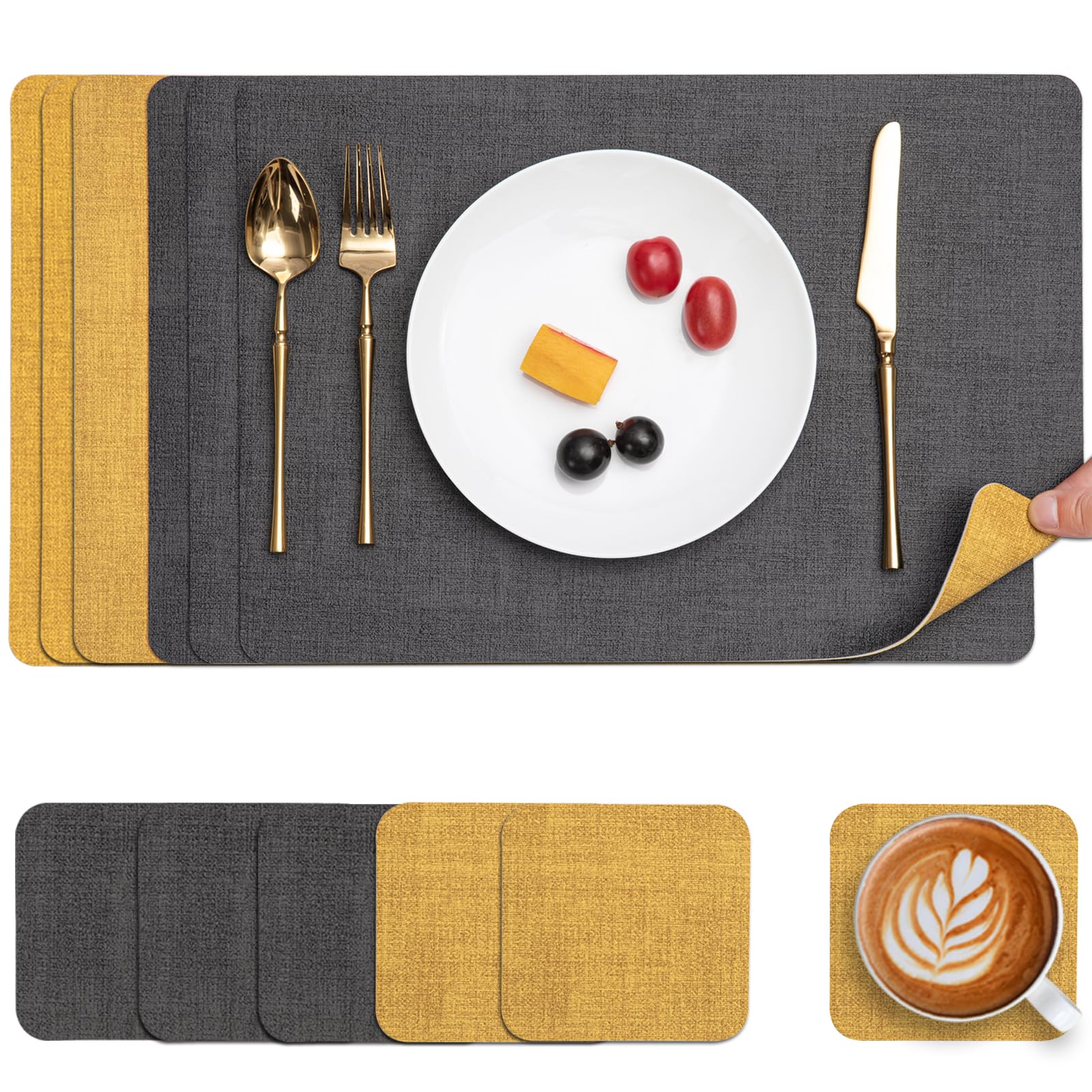 Myir JUN Tischsets Abwaschbar Leder und Untersetzer, Doppelseitigen Platzset 4er Set rutschfest Platzdeckchen Leder Kunstleder Tischset
