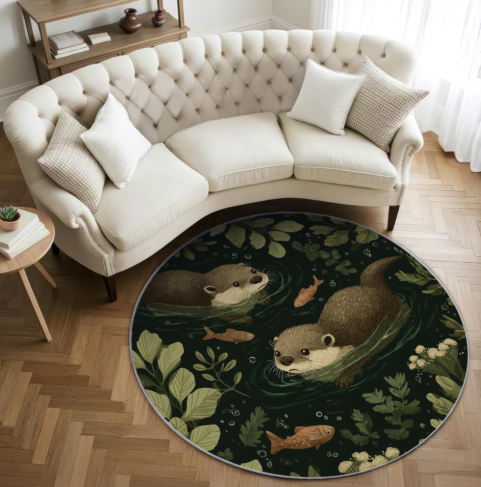 Otter Teppich Rund 120cm Kurzflor - Waschbare Teppiche Wohnzimmer Süße Otter Fisch Kinder Tier - Runder Teppich 120 Durchmesser Kinderzimmer - Bettvorleger rutschfest Weich