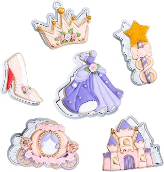 Princess Cookie Cutters Set of 6 Biscuit Cutter Baking with 3D Stamper Crown Holiday PLA Baking Cutter Molds Gifts Decorative Party 3.5" Kitchen Cake Supplies
