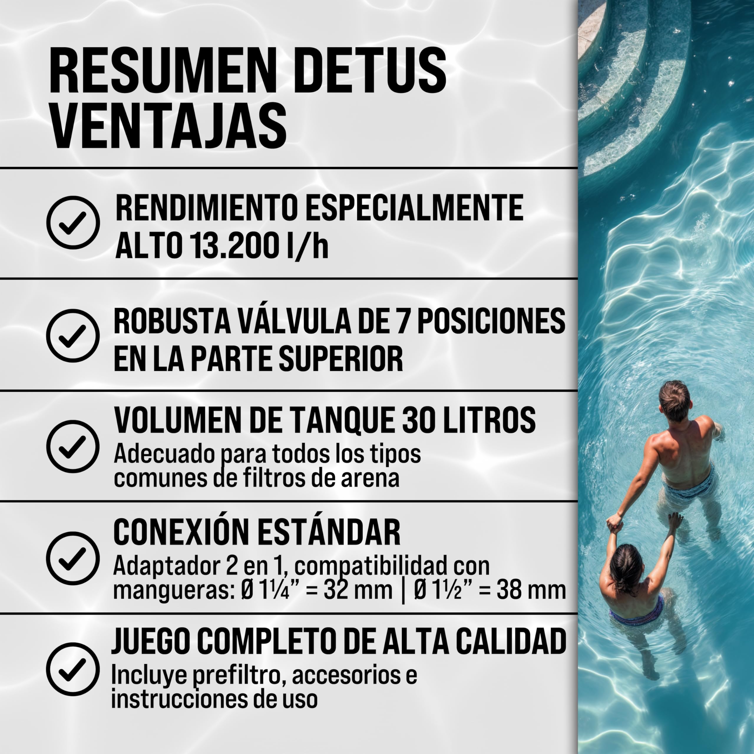 MONZANA® Depuradora Piscina 13.200L/h Filtro de Arena hasta 58.000L con Pre Filtro Válvula 7 Funciones Filtrado 600W Adaptador Ø32-38mm Bomba Indicador de Presión