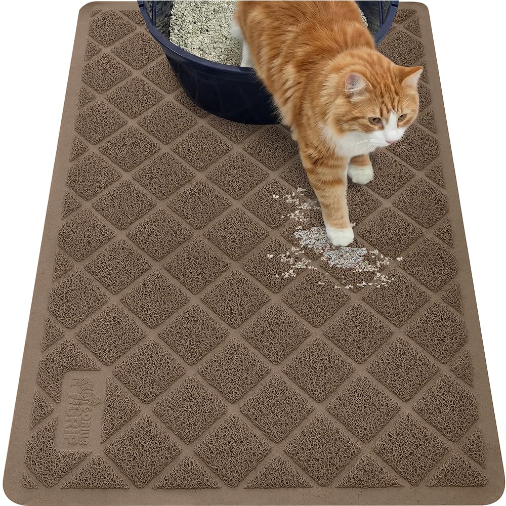 GORILLA GRIP Cat Litter Box Mat, 35x23, Water Resistant, US Designed Kitty Litter Trapping Mats, Easy to Clean, Scatter Control, Less Mess and Clean Floors, Kitten Supplies for Indoor Cats, Brown