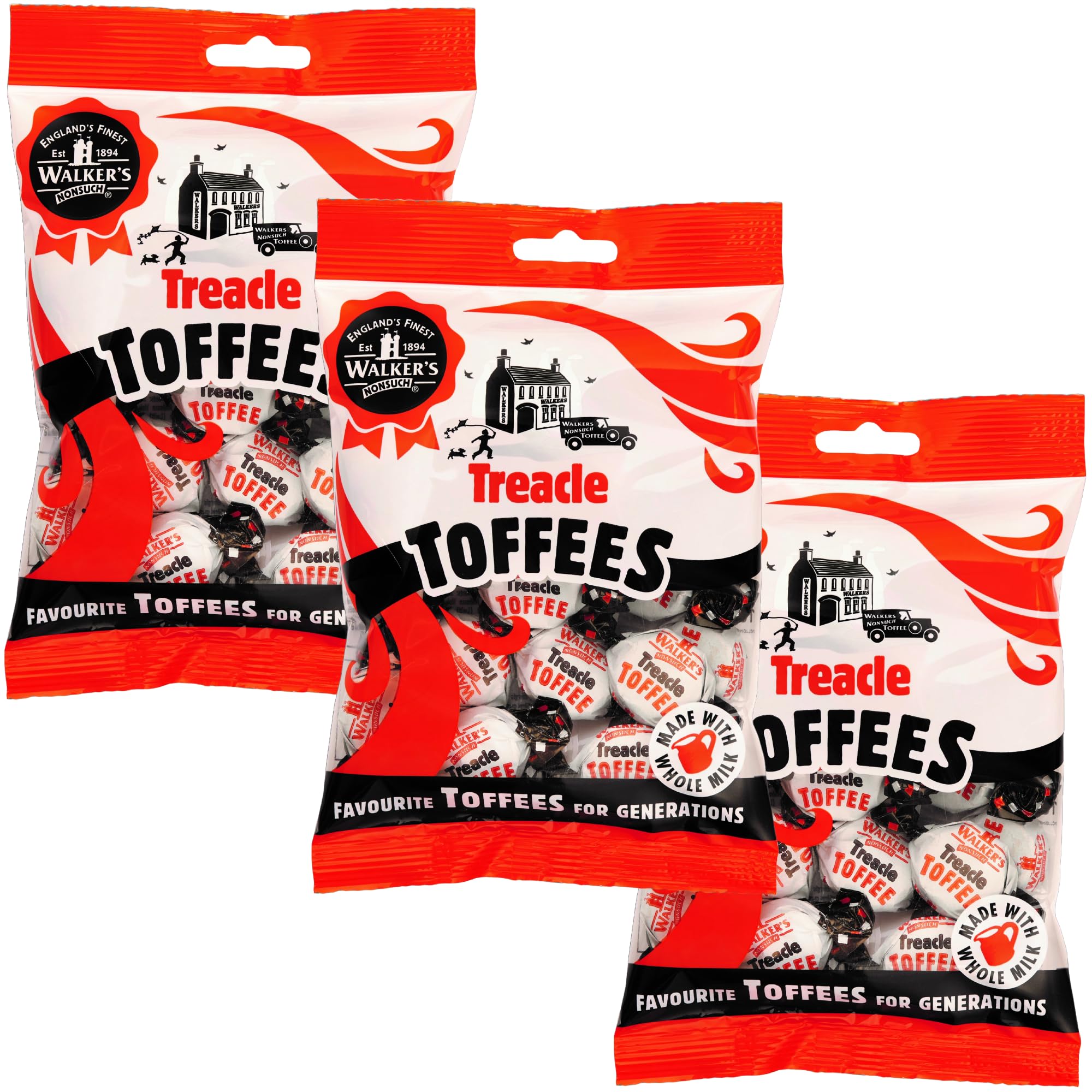 Walkers Nonsuch Treacle Toffees Bag 5.29 oz (Pack of 3) - Chewy Black Treacle English Toffee Candy, Traditional English Sweets, Gluten Free British Butter Candy, Imported from UK
