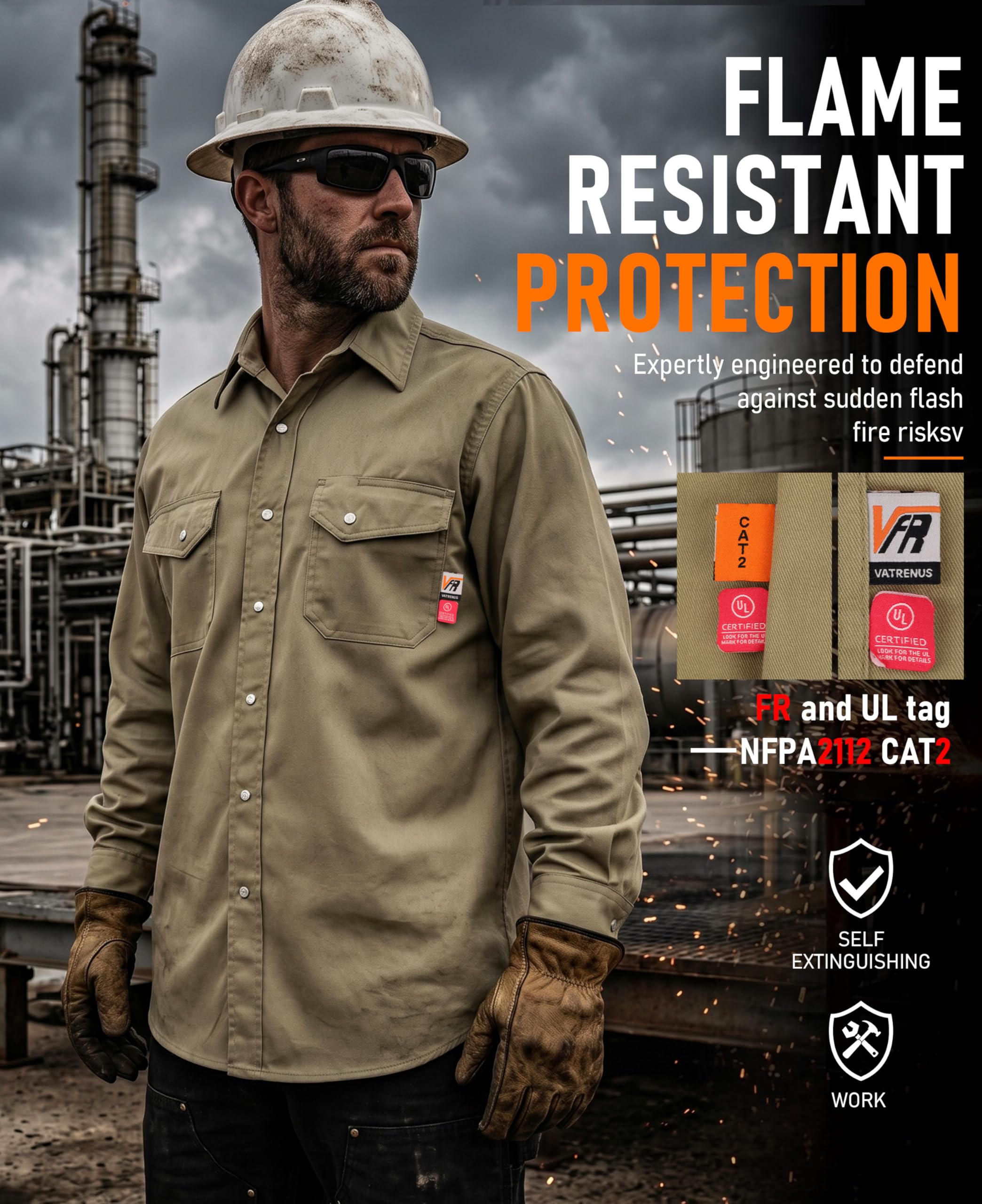 VATRENUS FR Camicie da uomo 6 once Button Down ignifugo 100% cotone camicia da lavoro ignifugo pre-lavata | Camicia comoda leggera resistente alla fiamma|Vestibilità rilassata ASTM F1506 Etichetta UL Tasche doppie prelavate sul petto