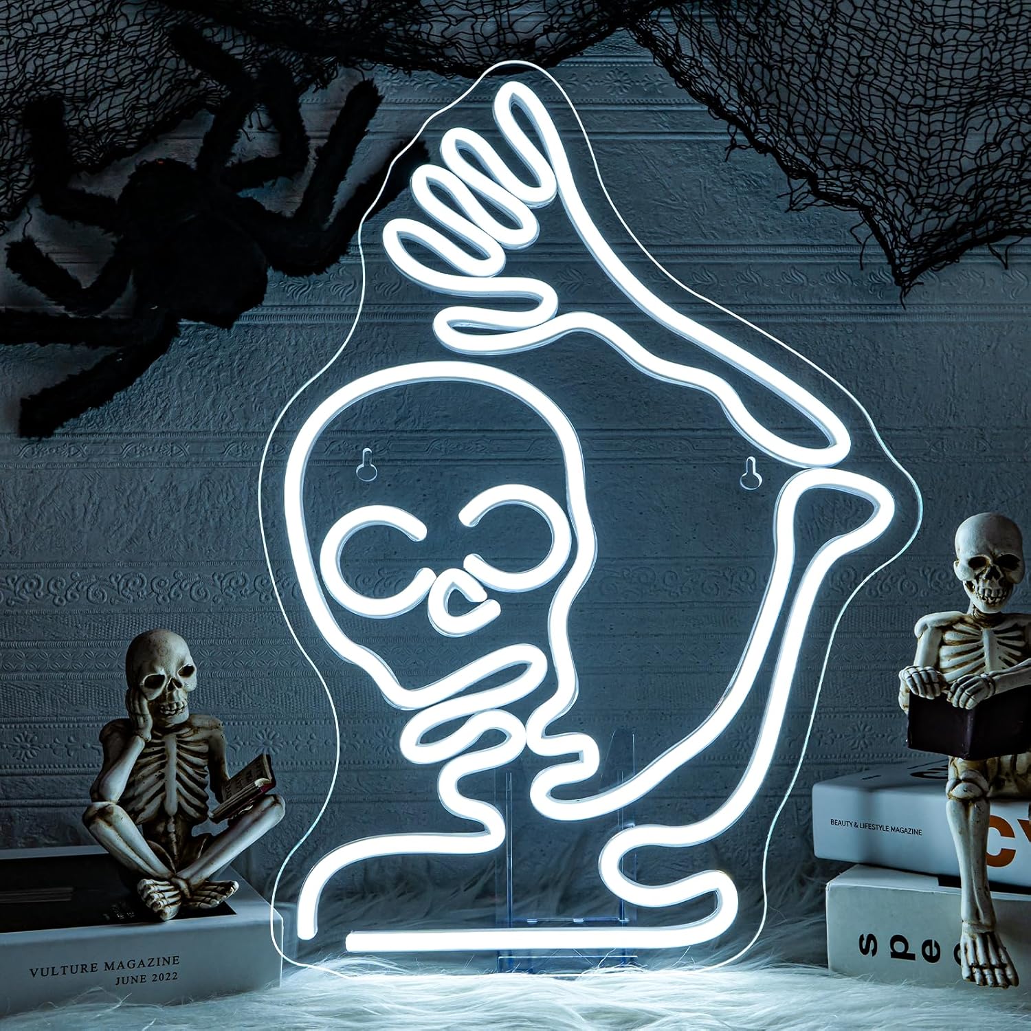 Looklight Letrero de neón de calavera de esqueleto para decoración de Halloween, luces LED de esqueleto de Halloween para dormitorio, puerta