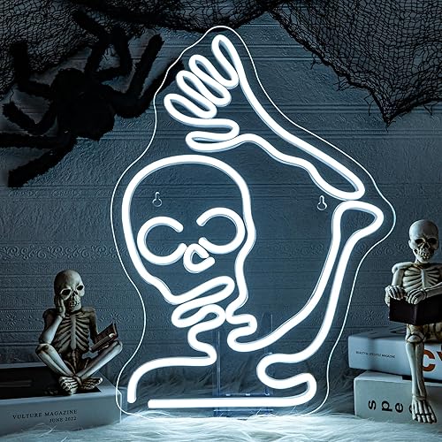 Looklight Letrero de neón de calavera de esqueleto para decoración de Halloween, luces LED de esqueleto de Halloween para dormitorio, puerta