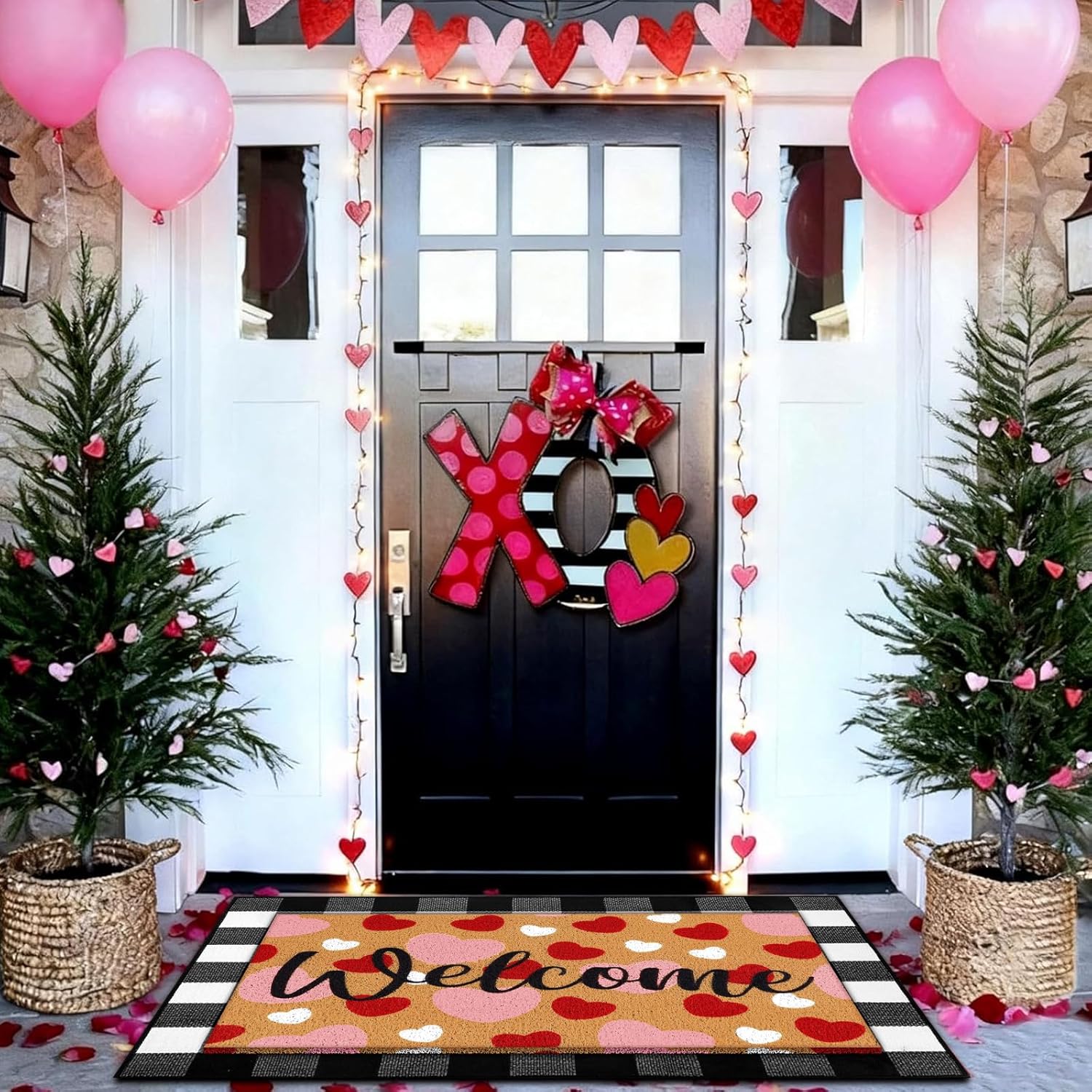 HunnmingRe 4 Pcs Valentine's Day St. Patrick's Day Easter Welcome Door Mats Outdoor Non Slip Buffalo Plaid Floor Rug Shamrock Heart Eggs Imitation Coconut Coir Door Mats for Front Porch Entryway Decor