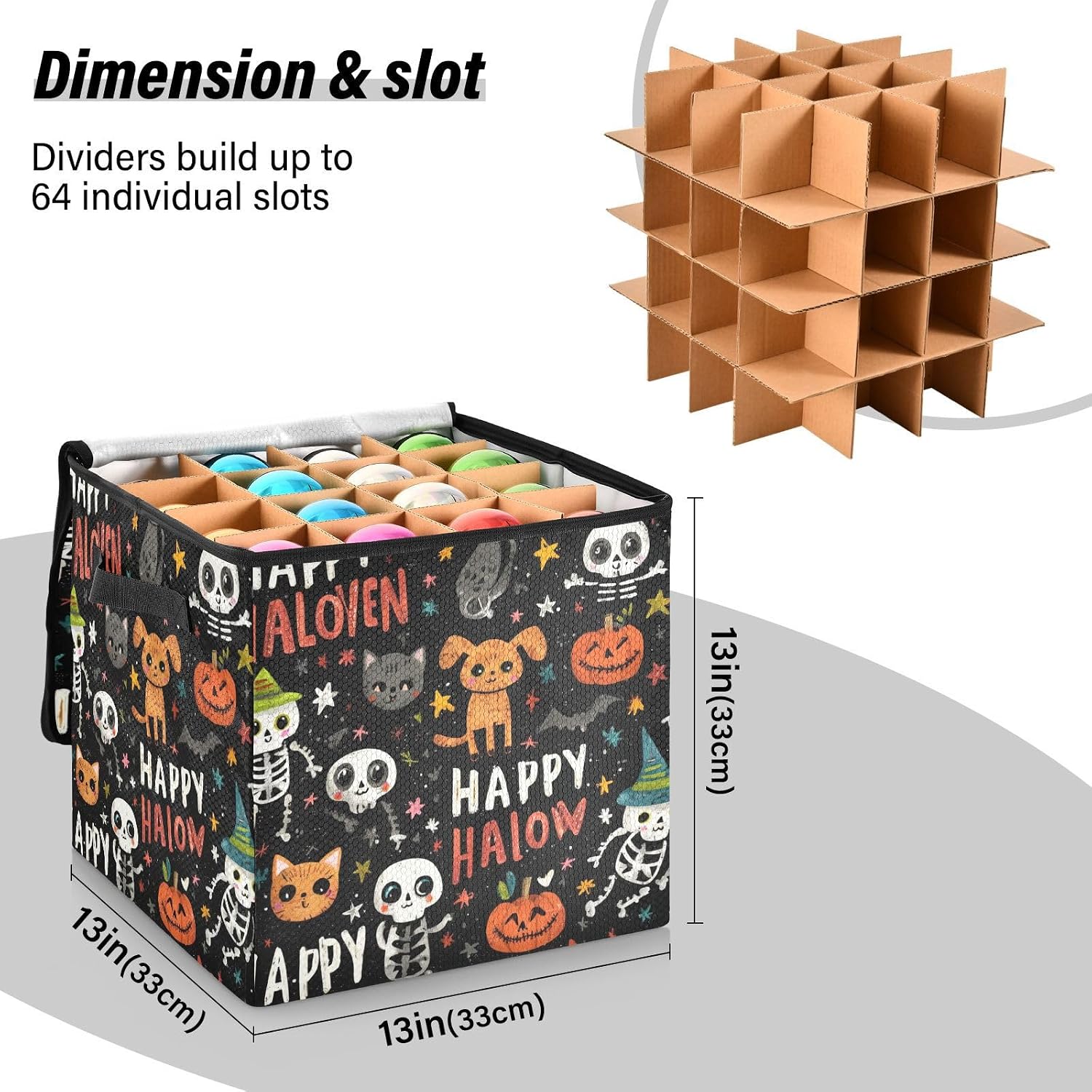 Halloween Skeleton Art Decor Christmas Ornament Storage,Stores up to 64 Holiday Ornament,Adjustable Dividers,Zippered Top,Two Handles Attractive Storage Box Keeps Decorations Clean