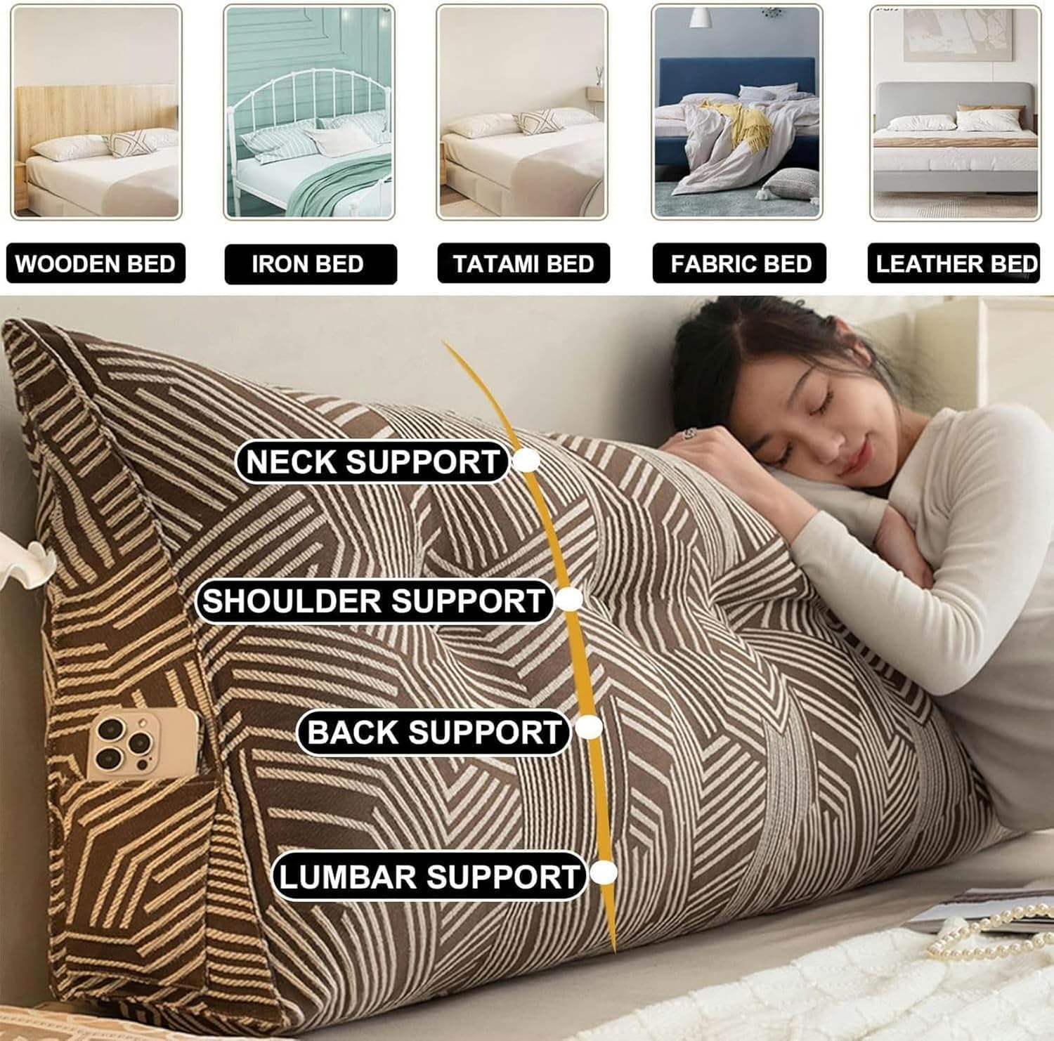 Wedge Headboard Pillow, Bed/Sofa Wedge Reading Pillow, Queen Throw Pillow/Bedside Cushion, Queen Back Wedge Pillow with Side Pockets and Removable Coverfor Sitting in Bed Backrest Positioning Support