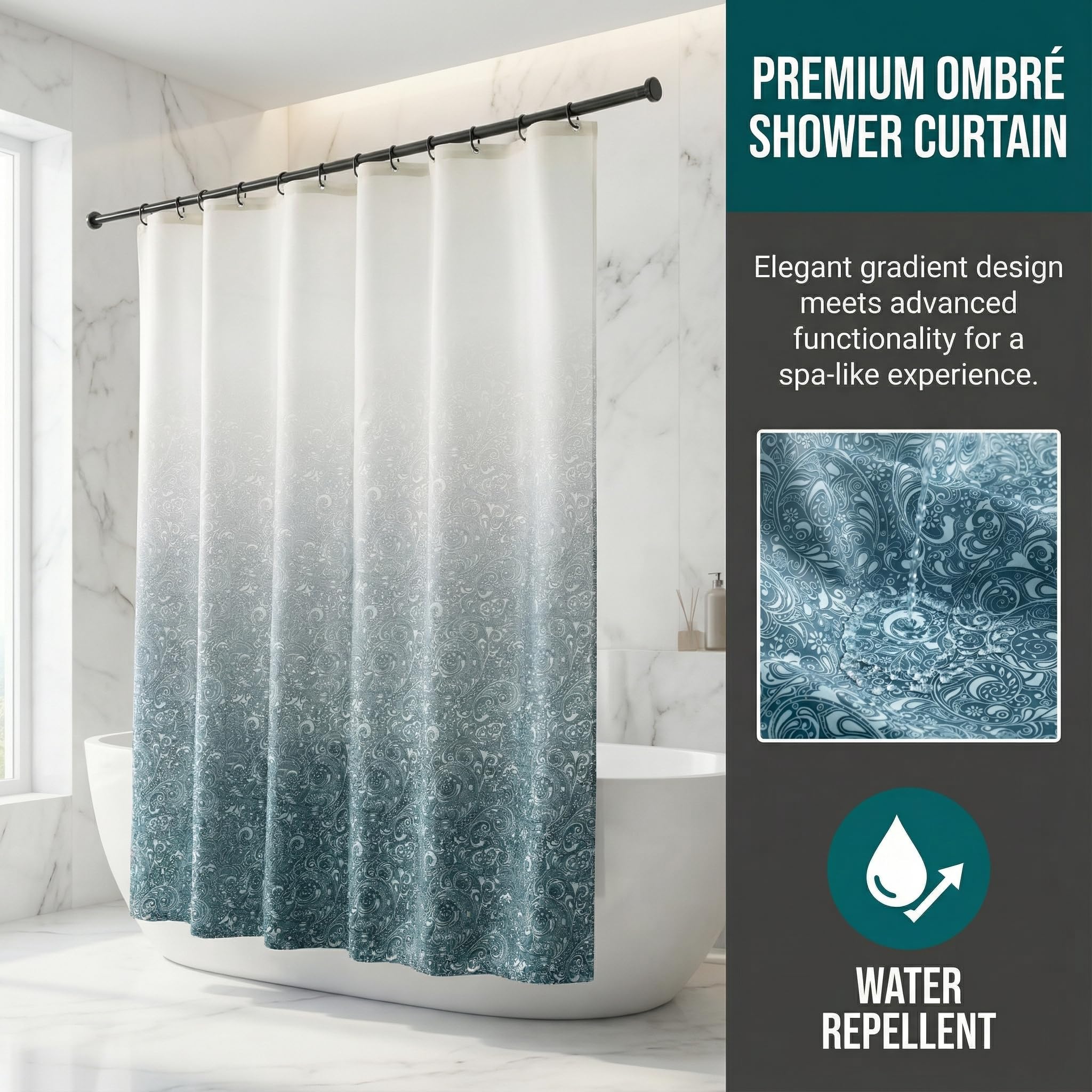 Drimzate Gradient Shower Curtain For Bathroom - Decorative Roland Shower Liner - Household Printed Shower Curtain Set With Hooks - Bath Curtains 180W x 200H