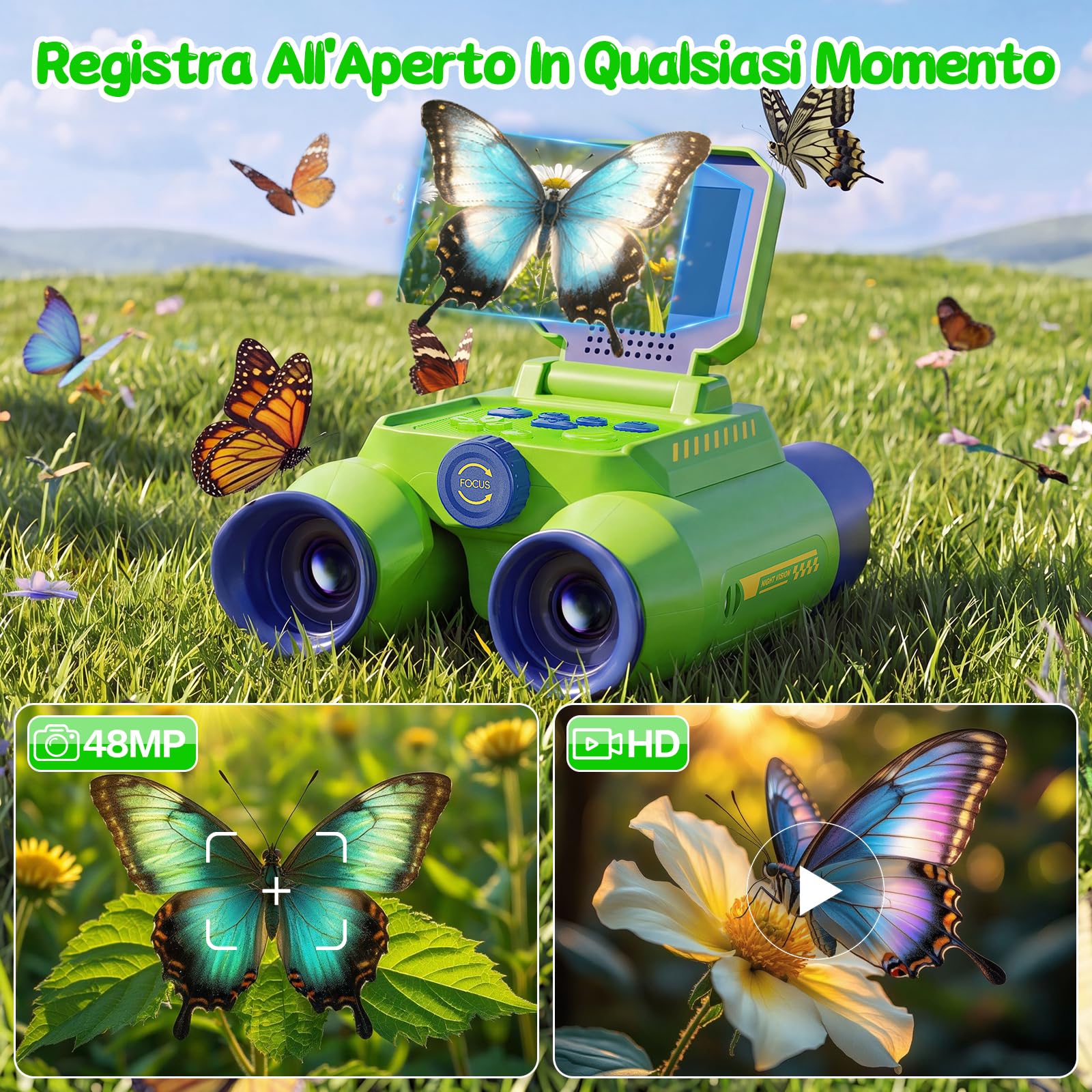 Binocolo Bambini con Fotocamera, Visione Notturna(Verde) | Binocolos Interattivo con Zoom Ottico 10x, Foto 48 MP e Video in 1080P, Esplorazione Natura regalo per bambini