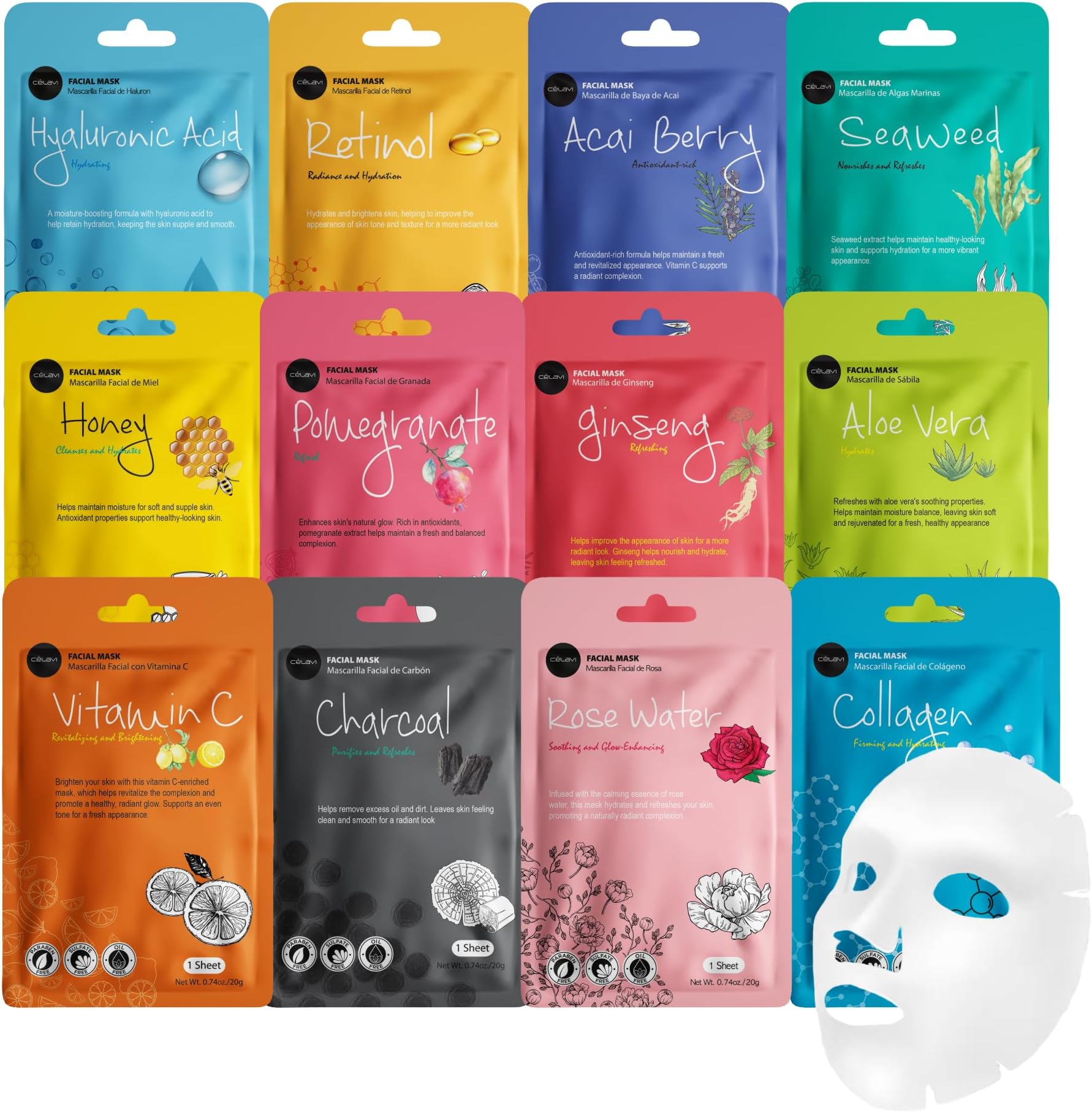 Celavi Cosmetics Face Mask Set Korean Beauty Essence Facial Paper Sheet Mask Korea Skin Care Moisturizing 3 Packs of each 12 New flavors K-Beauty Skincare 36 masks in a pack Made in Korea