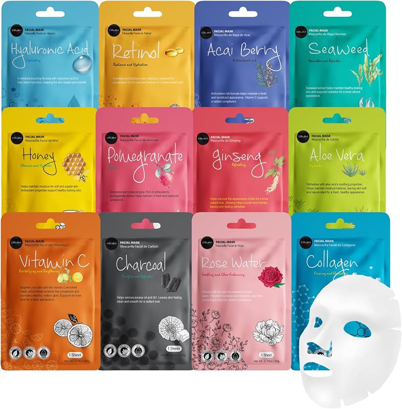 celavi Face Mask Set Korean Beauty Essence Facial Paper Sheet Mask Korea Skin Care Moisturizing 12 New flavors K-Beauty Skincare 12 masks in a pack Made in Korea | Twelve essence formulas, one of each. Hyaluronic acid, acai berry, seaweed, honey, cucumber and more.