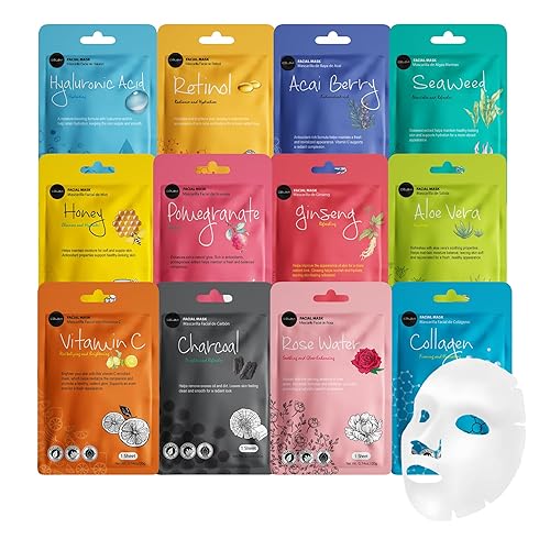 Celavi juego de mascarillas de belleza coreana, mascarillas Essence de papel para cuidado e hidratación de la piel, 3paquetes de 12variedades,