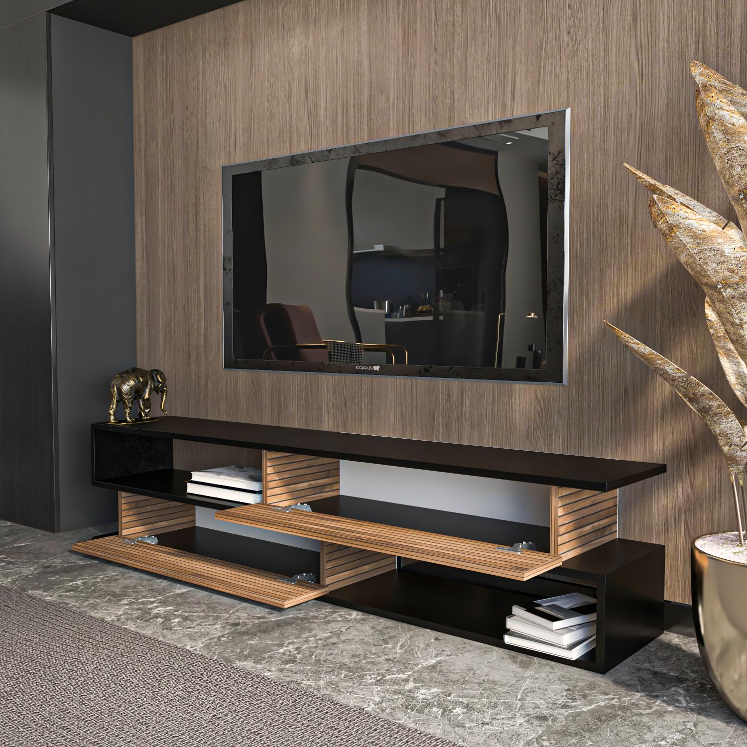 DECOROTIKA Meuble TV Cortez 160 cm avec 2 armoires et 2 niches - Noir et Effet Alina