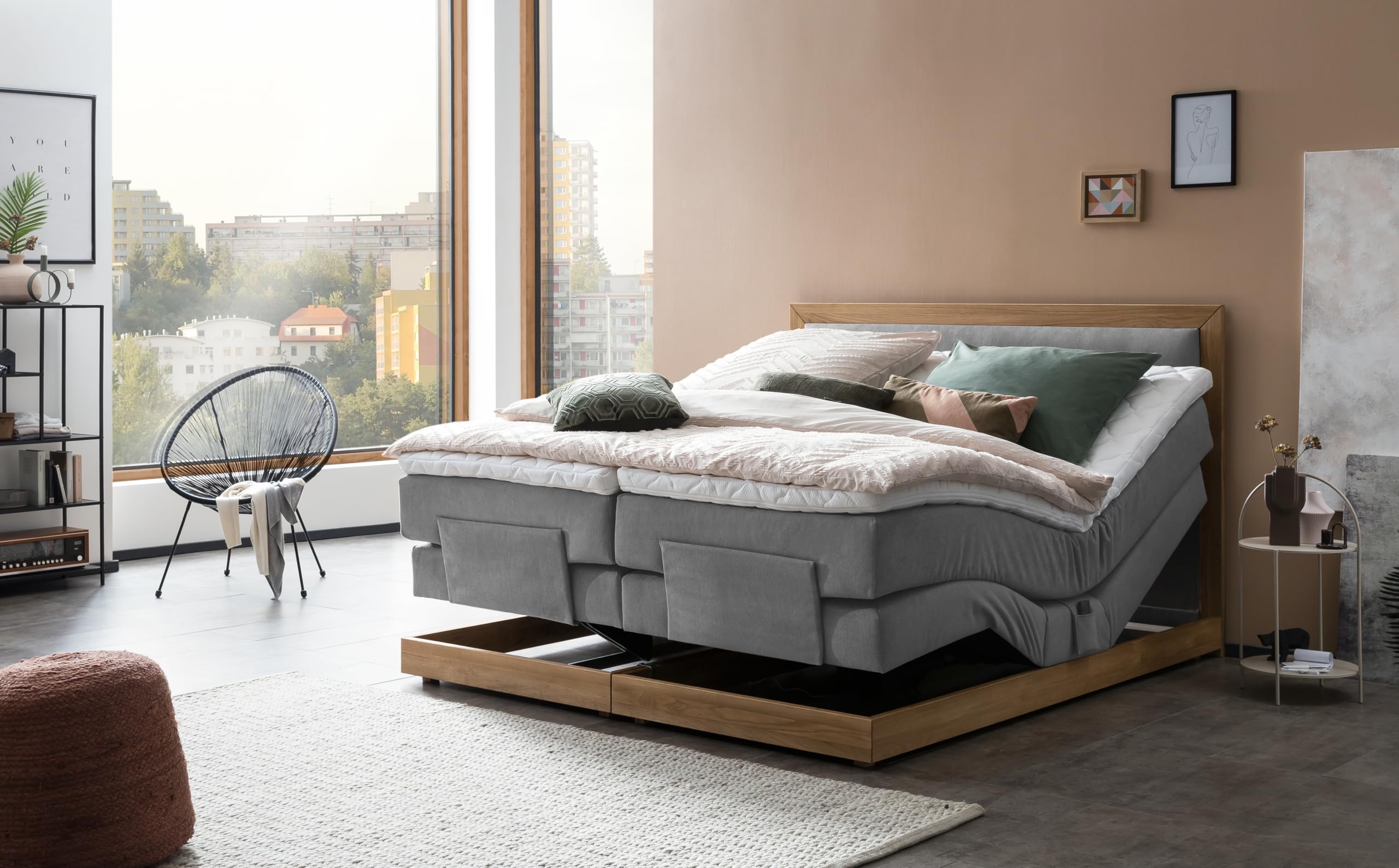 Belanoti MODELA Boxspringbett 160x200 elektrisch verstellbar 7-Zonen Taschenfederkern Matratze inkl Visco Topper Bett 160x200 mit Motor Farbe Hellgrau H2/H3 Polsterbett Motorbett Massivholz Eiche
