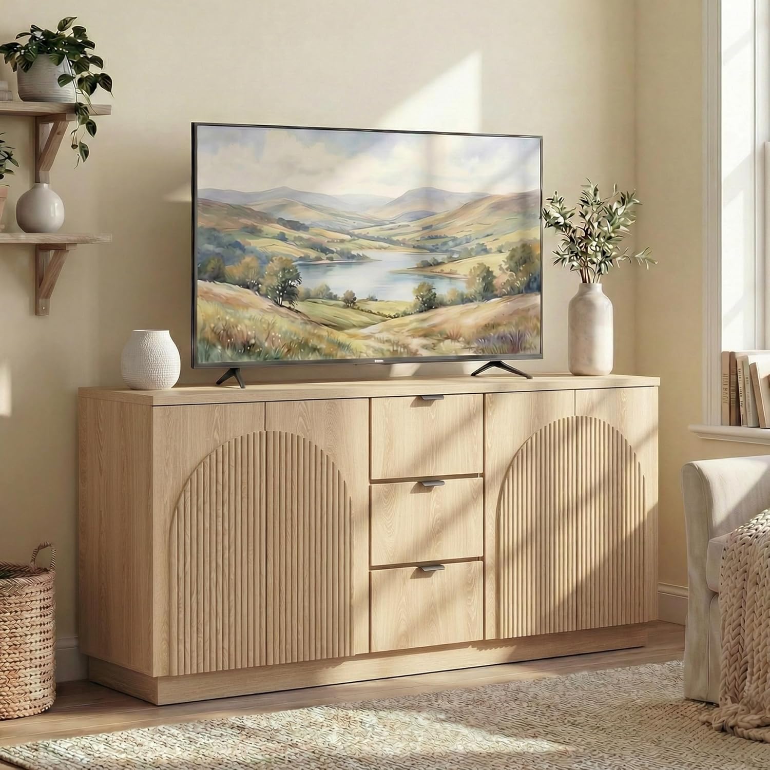 Yechen 67" Fluted TV Stand with Arched Reeded Design Doors &3 Drawers, Modern Entertainment Center with Storage for TV up to 75", TV Media Console, TV Cabinet for Living Room, Bedroom