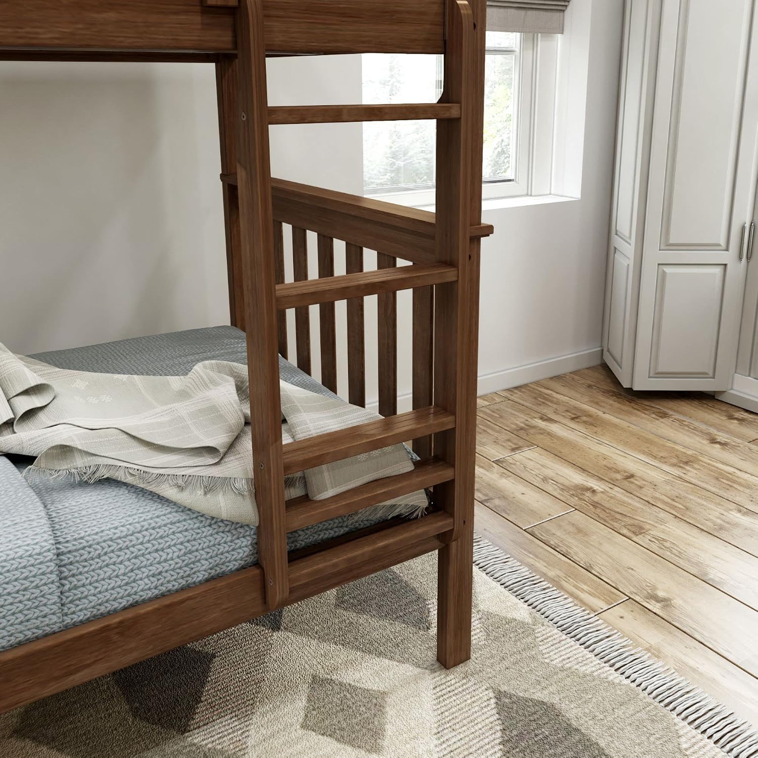 Plank+Beam Wooden Bunk Bed, Classic Twin Over Twin Platform Bed Frame with Ladder and Wood Slats for Adult, Space Saving Bed, Easy to Assemble, No Box Spring Needed, Walnut