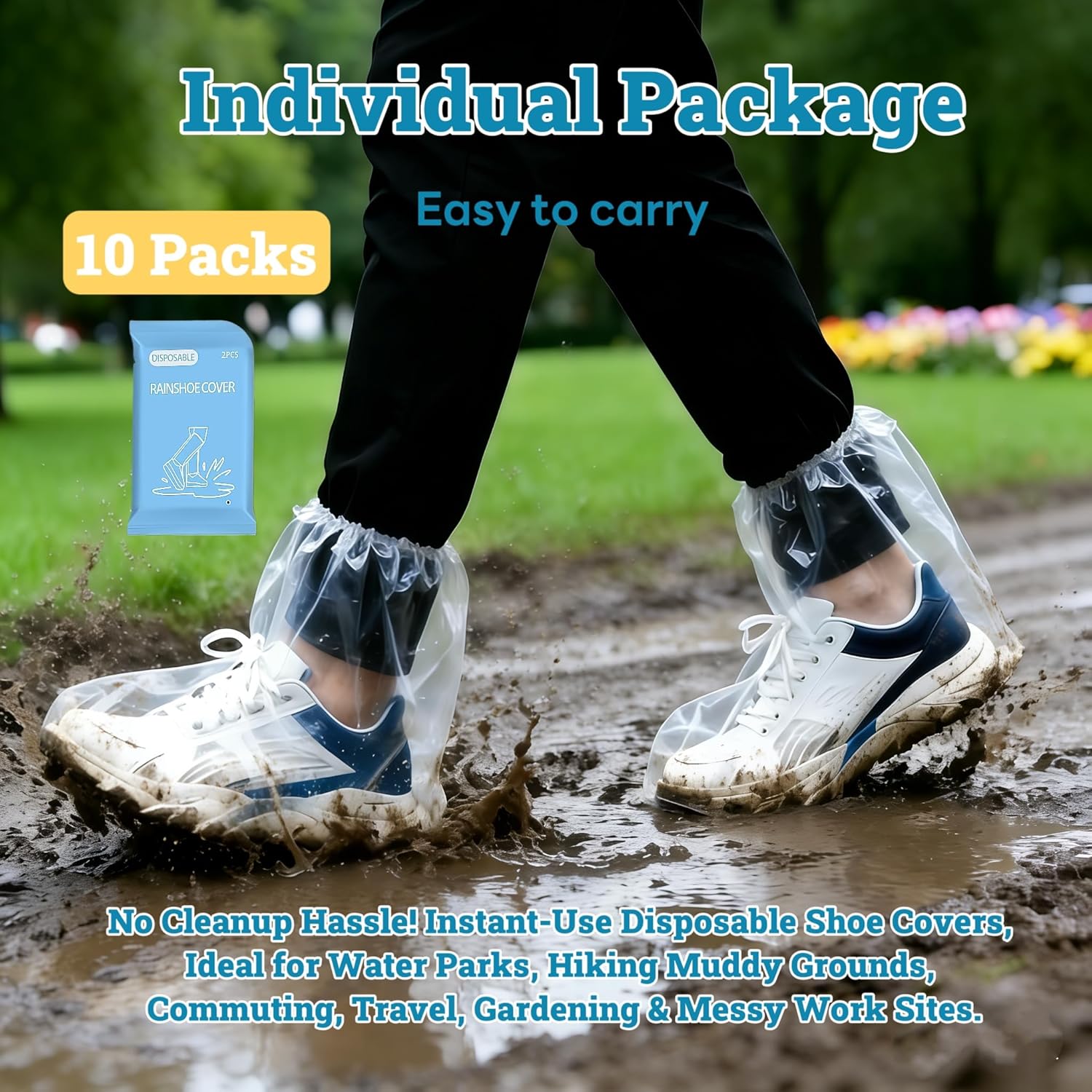 Disposable Rain Shoe Covers Shoe Protectors, 10 Pairs Individually Wrapped Thickened Waterproof Non-Slip Overshoes, Clear Boot Protectors for Men & Women - for Commute, Travel, Water Park, Gardening - Image 3