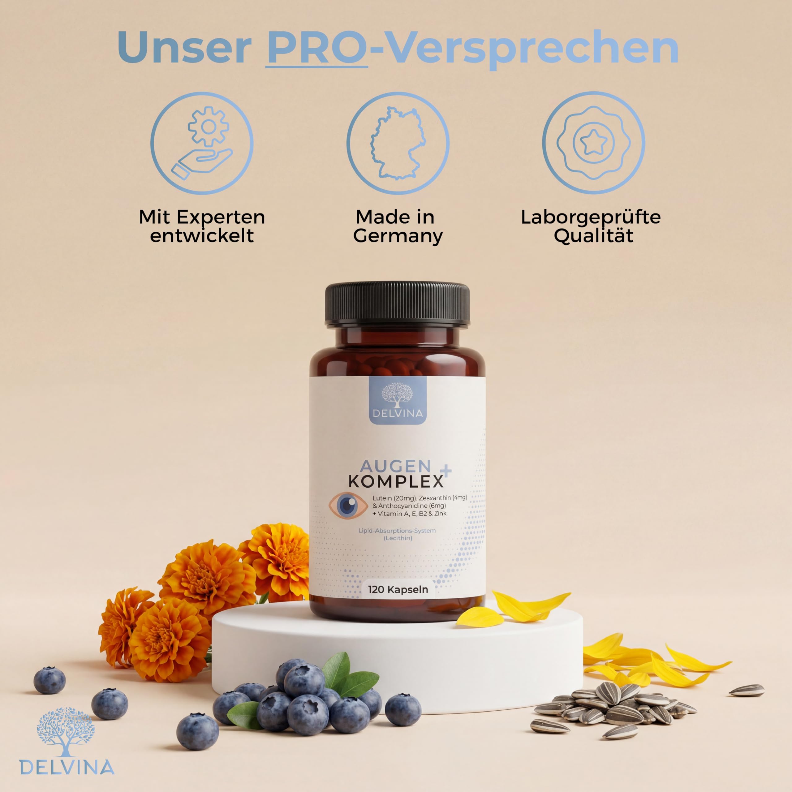 Augen Komplex PRO - Augenvitamine mit Lutein, Zeaxanthin, Anthocyanidine (Heidelbeere) & Vitamin A, E, B2 & Zink - 120 Augen Kapseln für 4 Monate - Vegan, Hochdosiert, 100% Natürlich