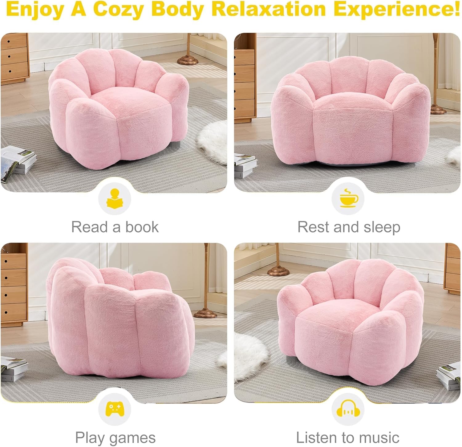 Bean Bag Chair for Adults, Floral Shaped Bean Bag Single Sofa, Ultra Soft Faux Fur Floor Sofa, Oversize Reading Chair for Living Room,Bedroom, Study, Pink,