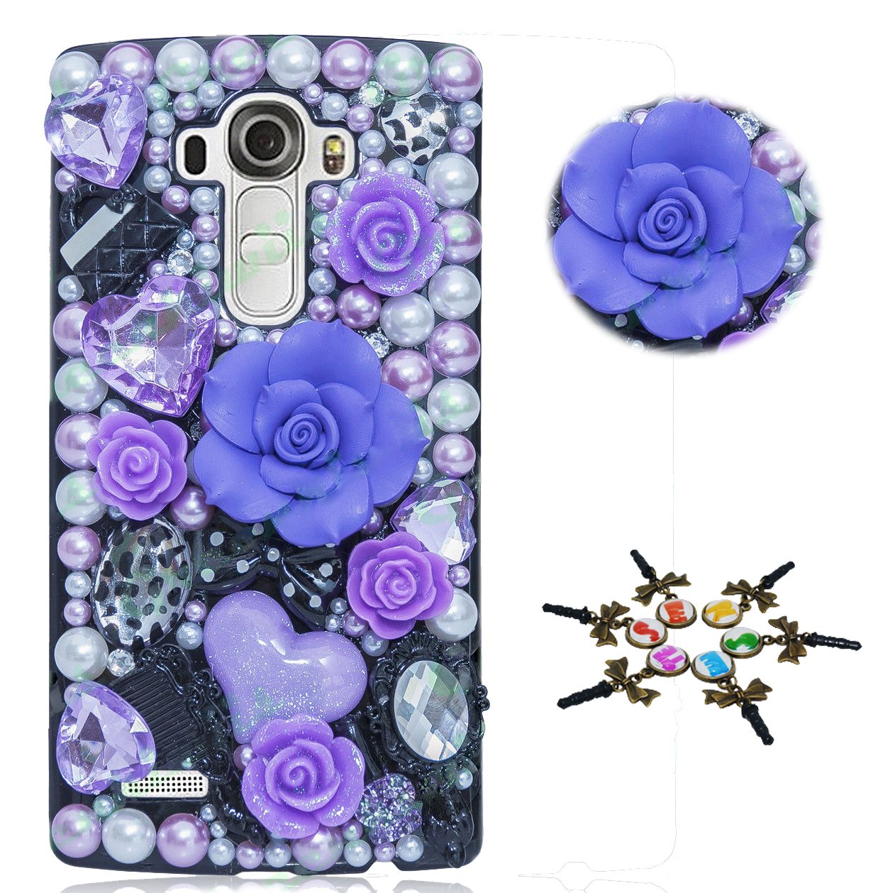 STENES Bling Phone Case Compatible with LG V60 ThinQ - Stylish - 3D Handmade [Sparkle Series] Big Rose Heart Cosmetic Flowers Sparkly Diamond Rhinestone Design Cover Case - Purple