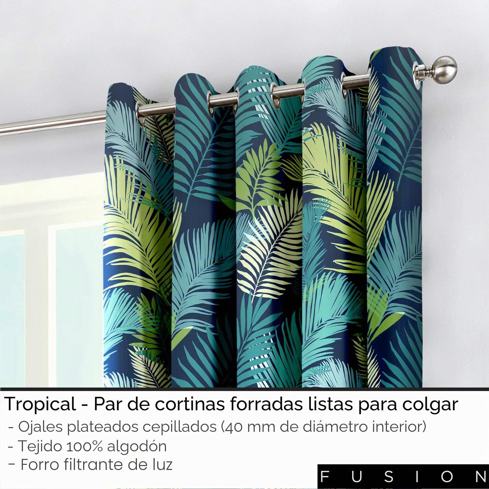 Fusion - Tropical - Par de Cortinas con Ojales 100% algodón, 168 x 229 cm, Multicolor