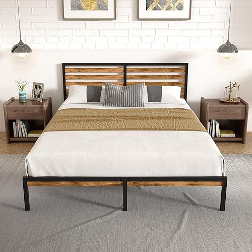 Wood-Metal Combination Full Size Bed Frame with Headboard, Stable Platform