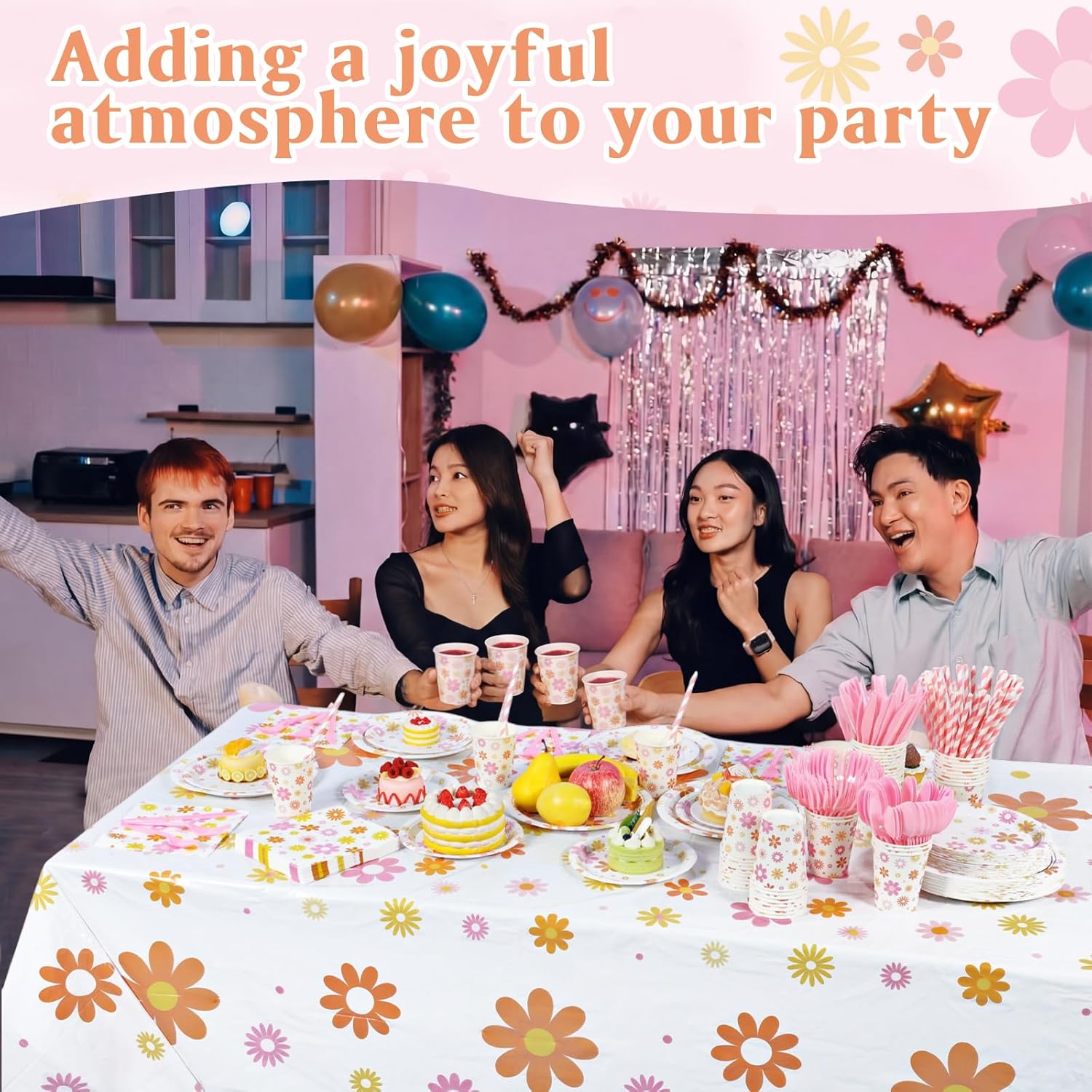 452 Pcs Groovy Daisy Party Decorations for 50 Guest, Boho Daisy Paper Plates Cups Napkins Tablecloth Cutlery Straws Hippie Tableware Set for Retro Hippie Birthday Baby Shower Party Supplies