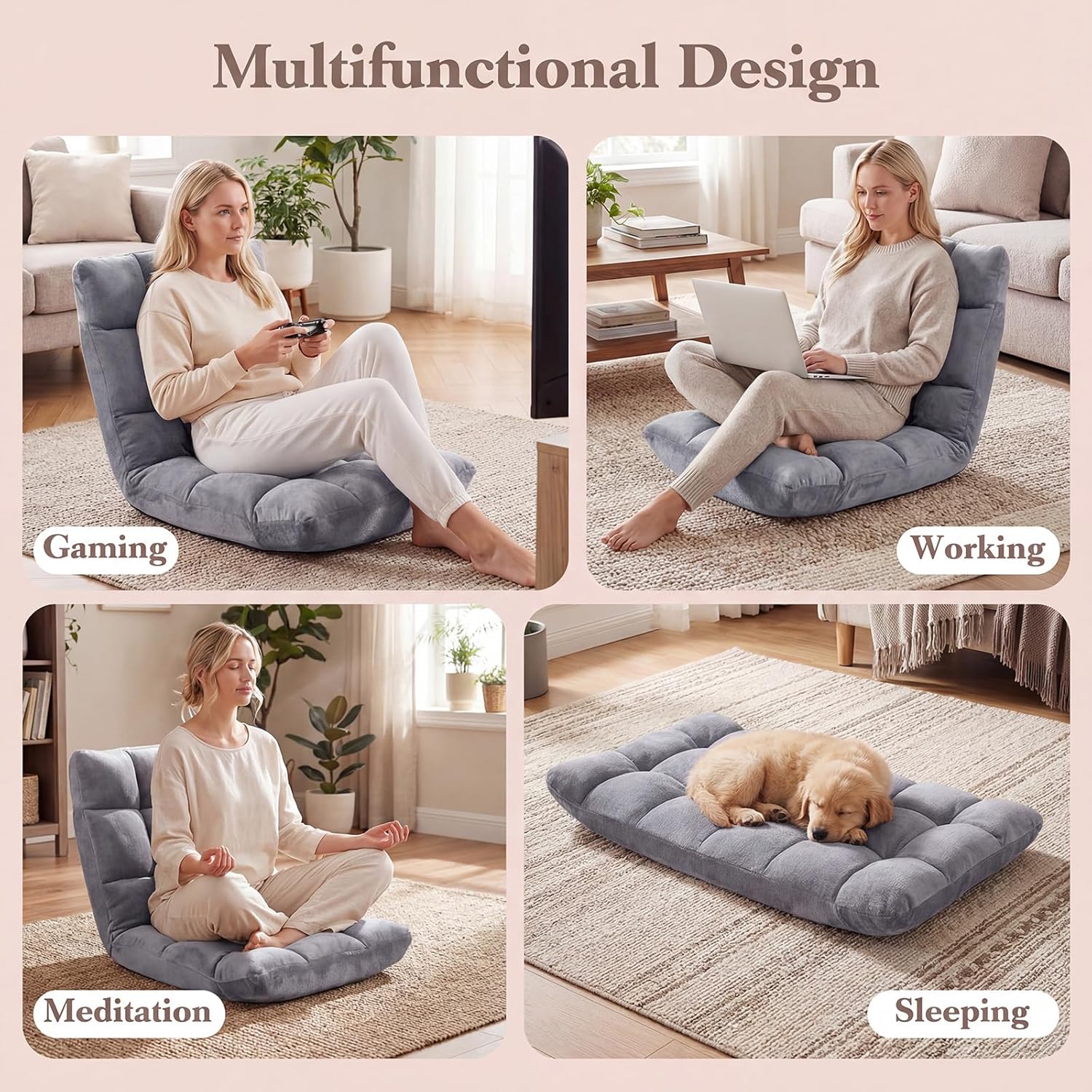 Floor Chair with Back Support, Foldling Gaming Sofa Chair with Comfy Cushion, Adjustable 14-Position Meditation Chairs, Lazy Lounge Recliner Reading Seat for Adults, Kids (Grey, Small)