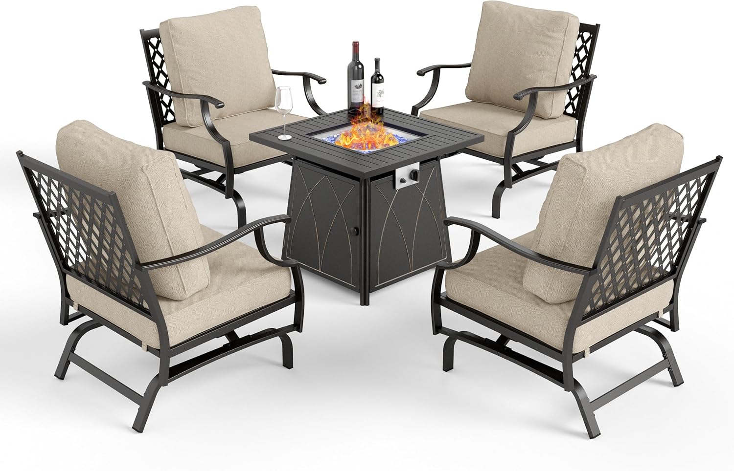 MIXPATIO Patio Furniture Set with Fire Pit Table, 5 Pcs Metal Outdoor Conversation Set, 4 Rocking Chairs with 5.75" Extra Thick Cushion and 28" Fire Pit Table for Backyard Deck, Beige