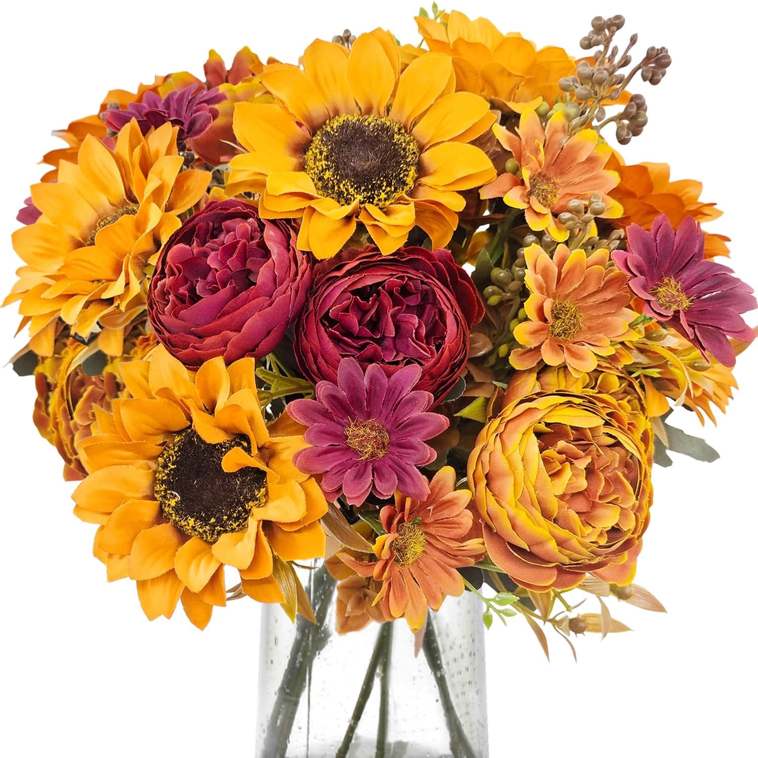 3Pcs Artificial Fall Flowers Faux Mums Sunflower Burgundy Fake Peony Silk Rose Hydrangea Flower for DIY Wedding Bridal Bouquet,Thanksgiving Party Table Centerpieces,Autumn Arrangement Vase Decoration
