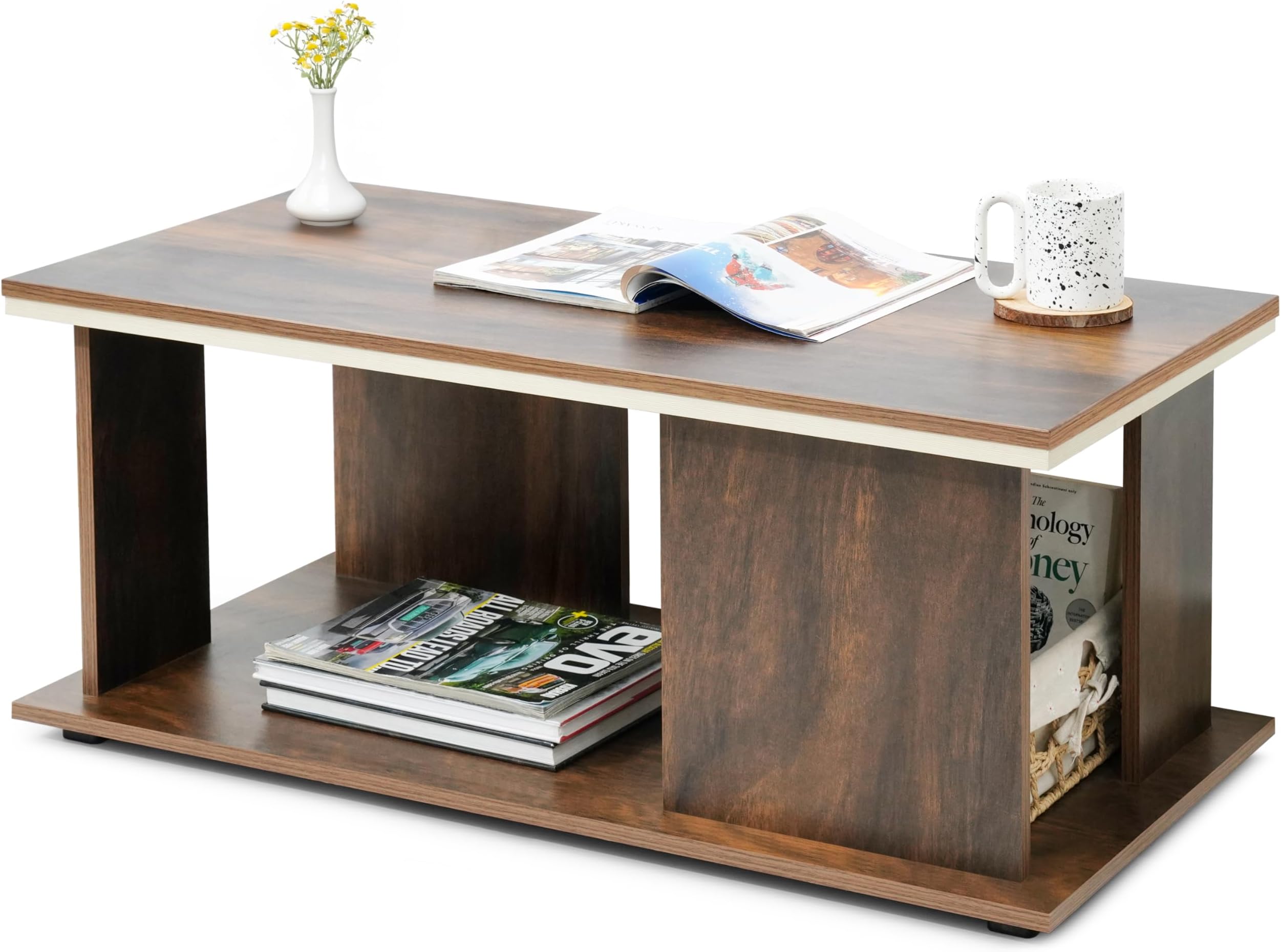 ABOUT SPACE Wooden Coffee Table-End & Sofa Side Tea Table,Centre Table with Space Saving Portable Furniture with Storage for Living Room,Bed Room,Balcony(L 93 x B 45 x H 39 Cm, Walnut)