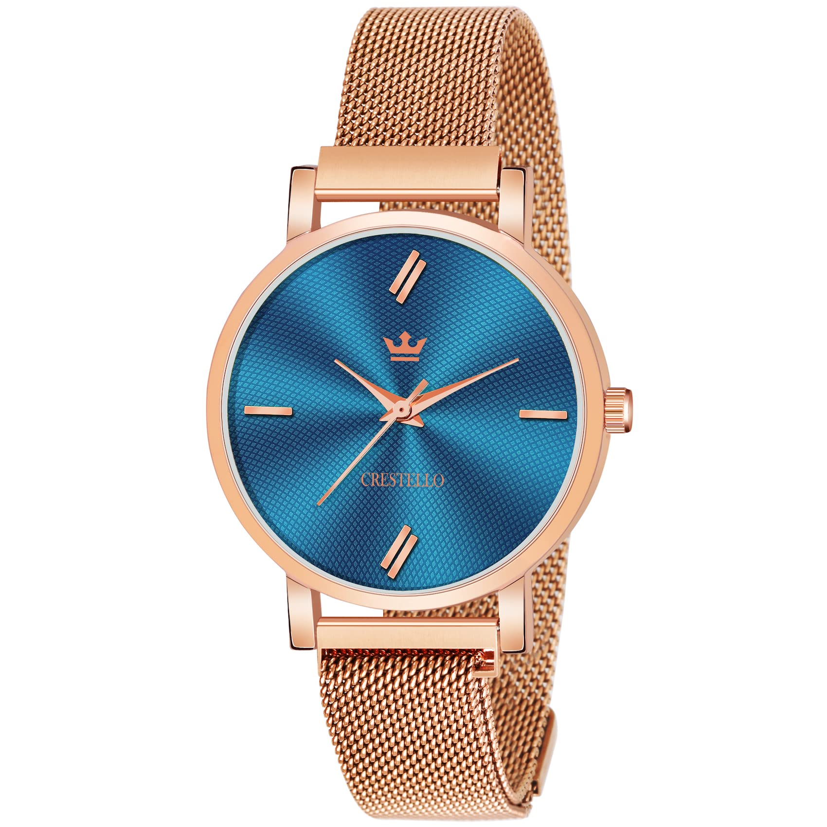 CRESTELLO Rose Gold IP Plated Mesh Chain Analog Wrist Watch for Women (Blue Dial) | CR-RG131-BLU (B0C2VKPV29) Amazon Price History, Amazon Price Tracker
