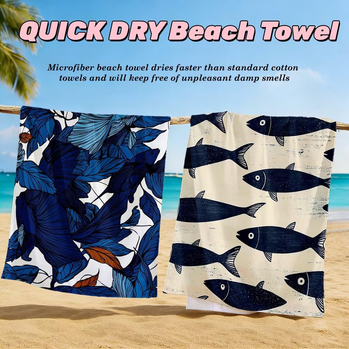Toalla Playa 100x200 cm, Toalla Gimnasio Microfibra Secado Rapido, Juego de 2 Antiarena Toallas de Playa, Ligera Compacta Toallas Microfibra Grande para Viaje, Regalo Hombre Regalo Mujer (Pez) -4421