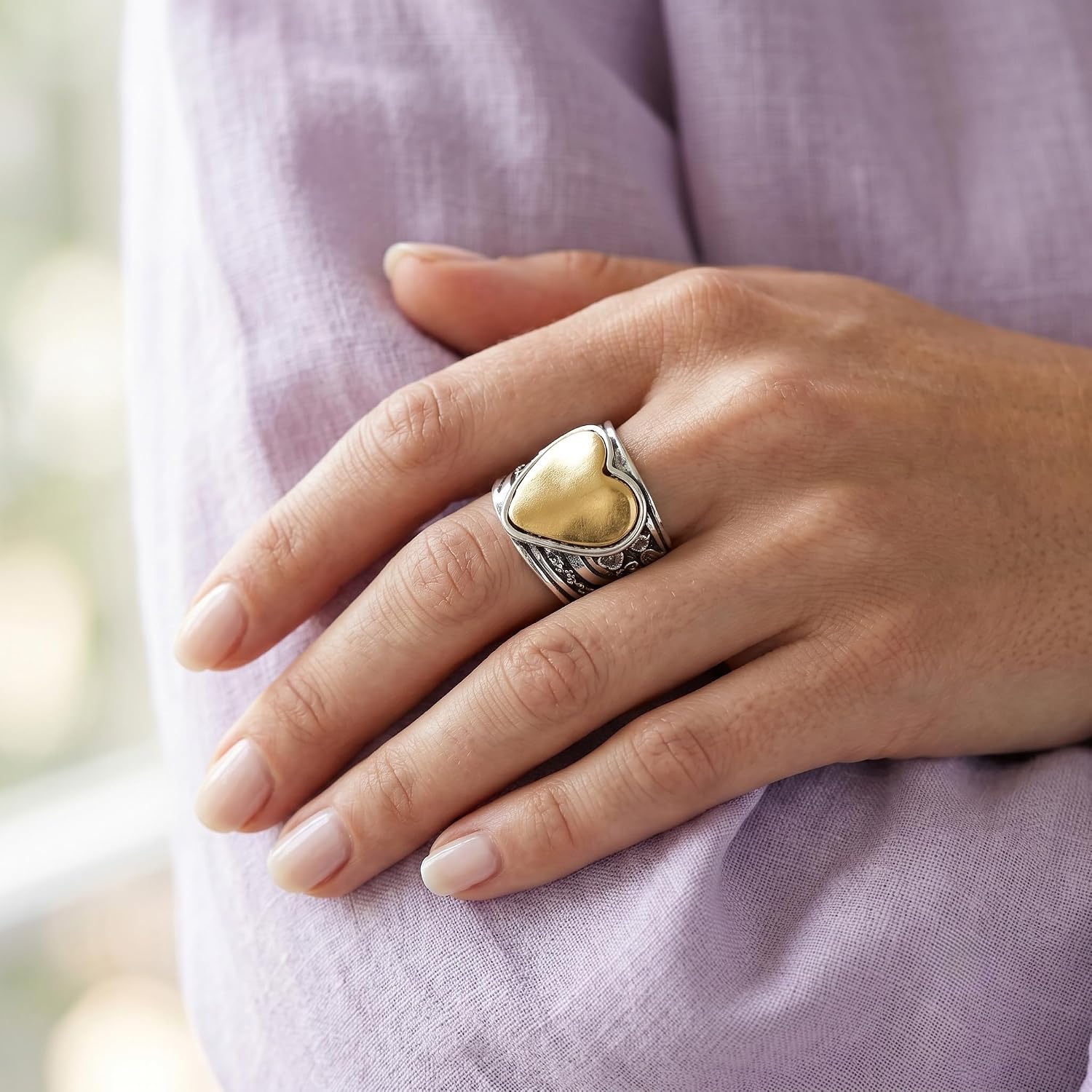 JEAN RACHEL JEWELRY 925 Sterling Silver Mixed Metal Cross Ring, Two-Tone Textured Wide Hammered Statement Band for Women