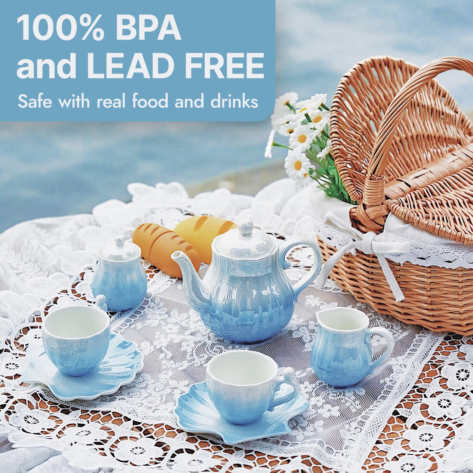 Giant bean Porcelain Tea Set, Gradient Blue Real Tea Party Set for Little Girls, British Royal Princess Series Teapot & Cup & Saucer & Sugar Bowl & Suitcase, for Little Kids Toddlers