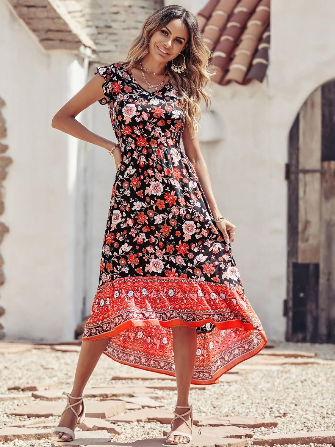 PRETTYGARDEN Women's Summer Maxi Dress Casual Floral V Neck Cap Sleeves Boho High Low Flowy Midi Long Sun Dresses - Image 4