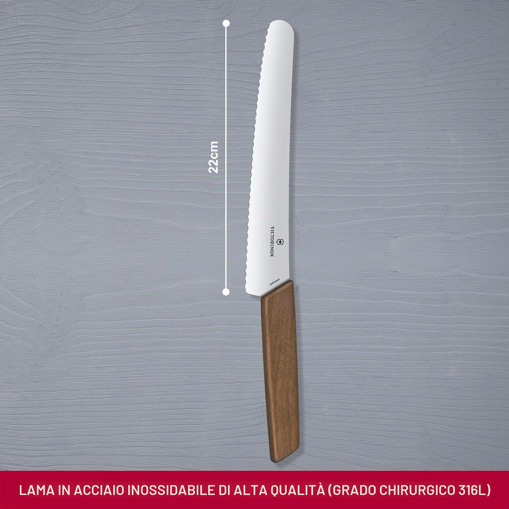Victorinox Swiss Modern, Coltello professionale per pane e pasticceria, Lama extra affilata, bordo seghettato, 22 cm, Elegante manico in legno, Acciaio inox, marrone