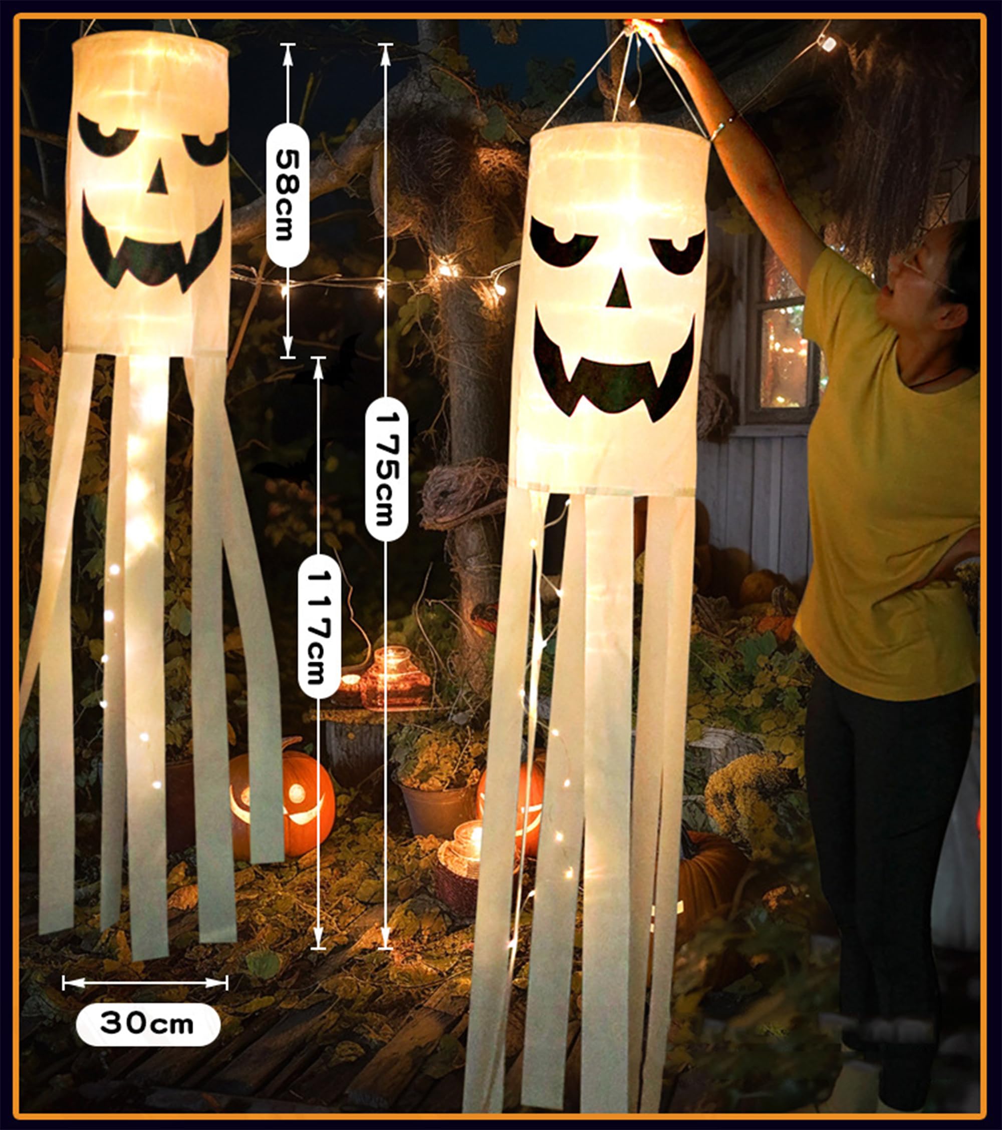 175CM Halloween Decoracion de Fantasma,Decoración Halloween Cráneo Colgante,Bandera Fantasma con Luces LED Decoración Halloween para la Fiesta de Halloween Vacaciones, Exterior, Patio