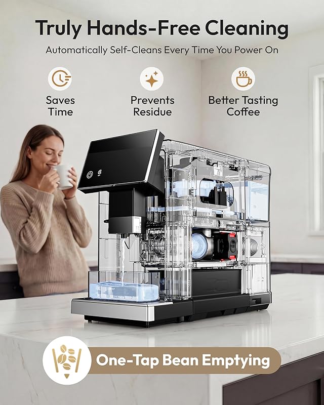 Automatic Espresso Machine, 20 Bar Coffee Maker with Grinder Built in Milk Frother, 15-Grind Settings Fully Automatic Espresso Machine with Touch Screen, Auto Self-Cleaning for Cappuccino & Latte Black