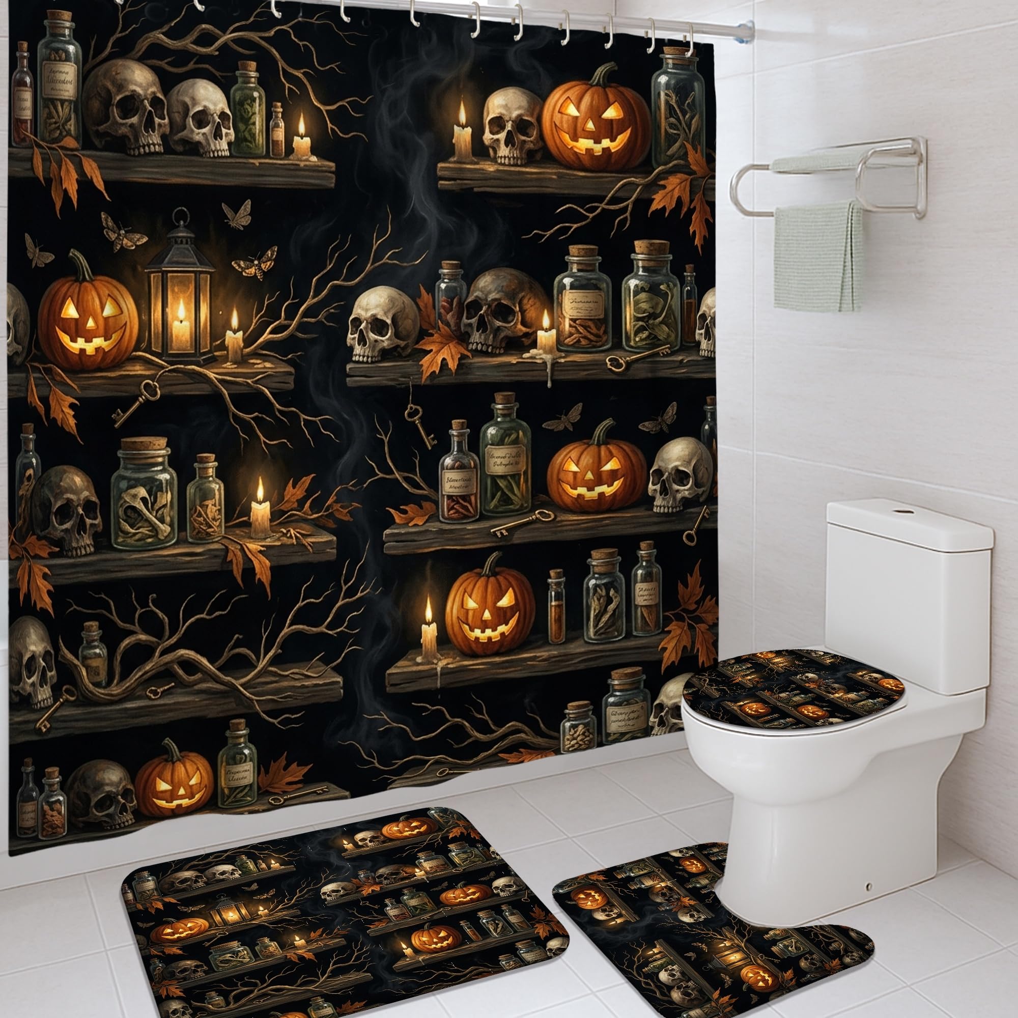 Ensemble rideau de douche polyester haut de gamme motif crâne lanterne Halloween