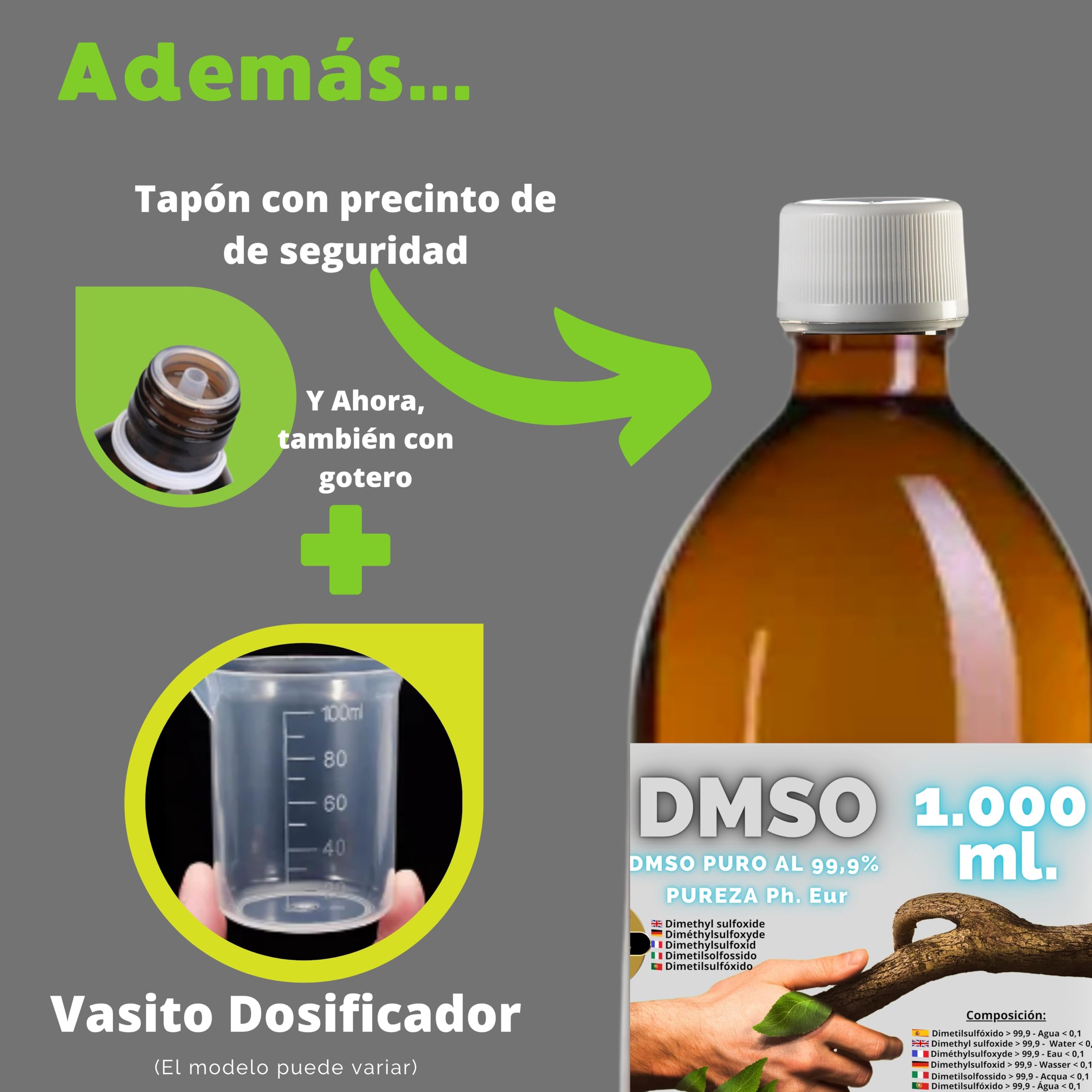 DMSO Dimetilsulfóxido 99,9% Pureza | Pack 2 x 1000 ml | Máxima Pureza | Frascos Ámbar de Laboratorio con Precinto de Seguridad | Incluye Accesorios de Dosificación