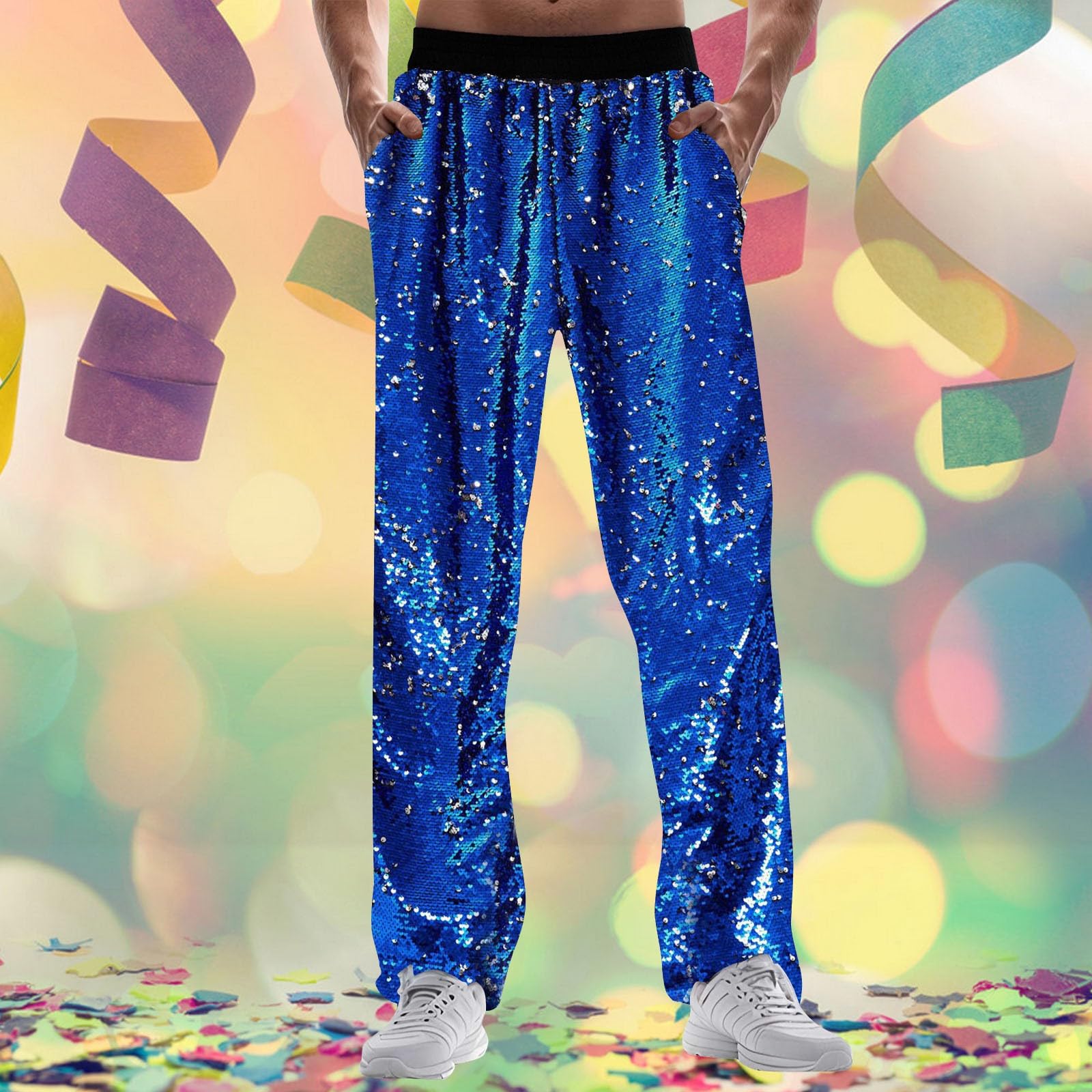 Pantalon festif à paillettes pour homme - Or brillant - Pantalon large - Pantalon de loisirs - Pantalon à paillettes - Tenue pour boîte de nuit, fête, danse hip-hop, carnaval