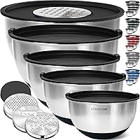 PriorityChef Stainless Steel Mixing Bowls Set with Lids, 3 Grater Attachments, Non-Slip Base - 1.5-5 Qt Kitchen Prep Bowls